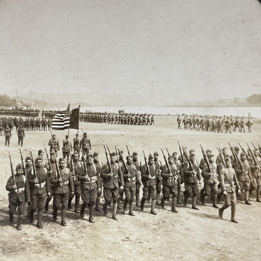 Antique 1918 US 23rd Infantry Troops Marching Stereoview Photo Card V3320