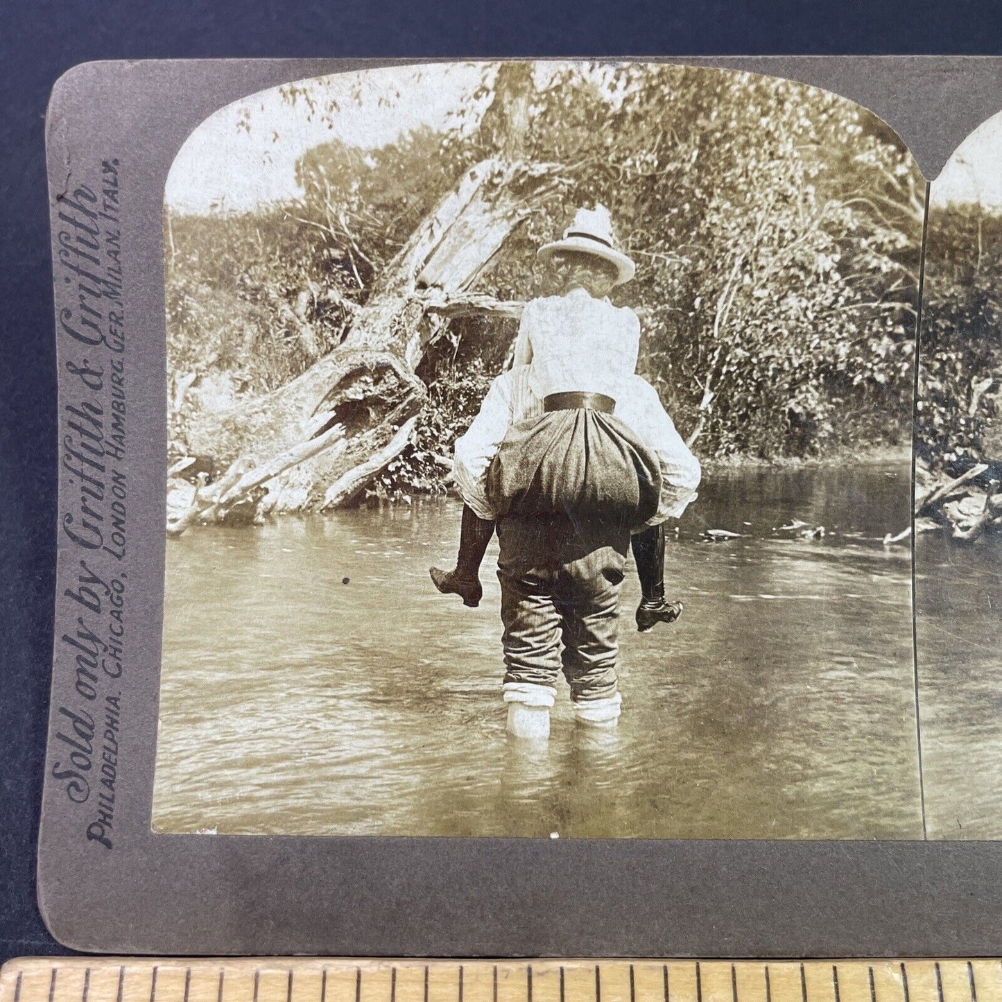 Antique 1904 Man Carries Wife Across A River Stereoview Photo Card P3344