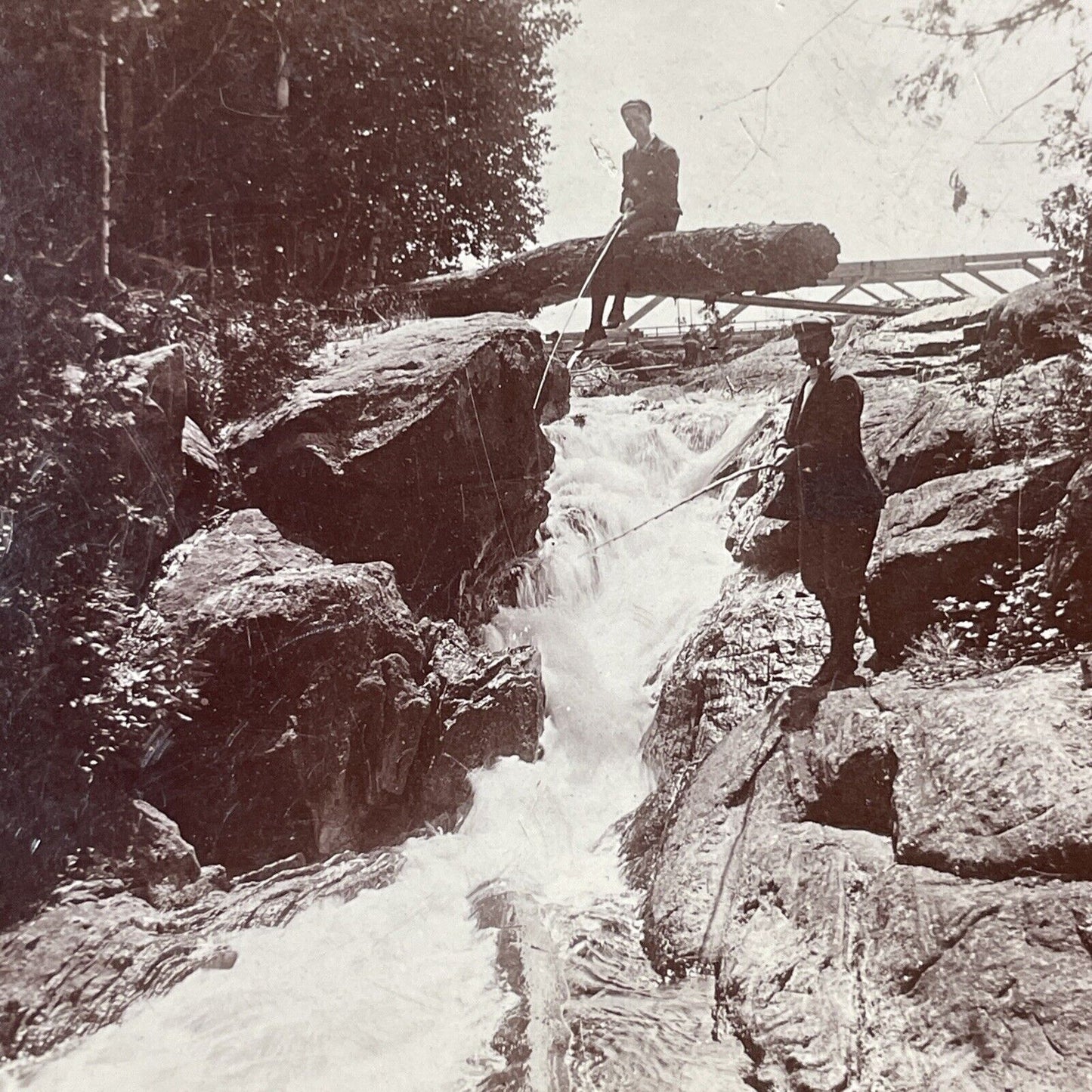 Fishing in Bala Ontario Canada Stereoview Muskoka River Antique c1899 Y476