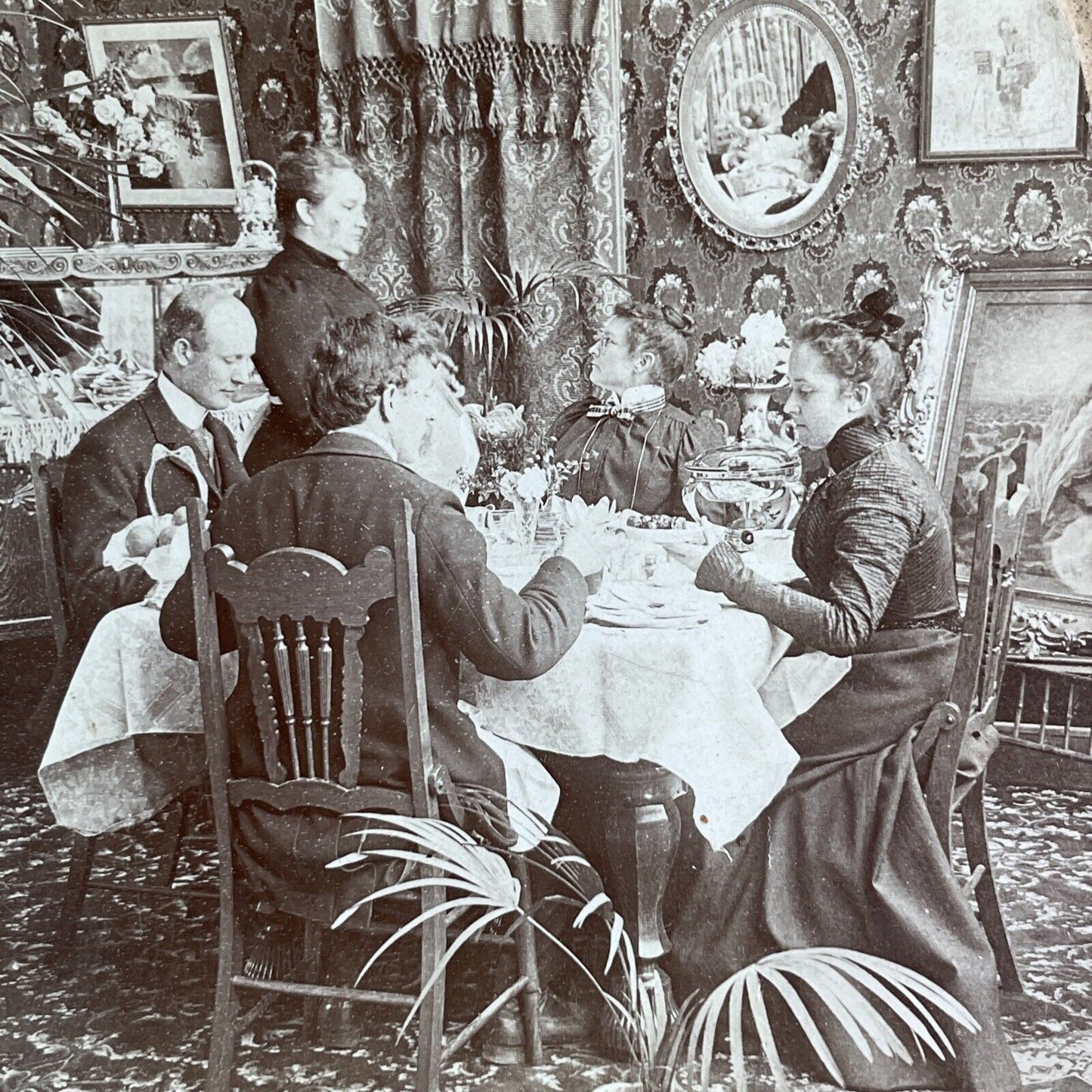 Woman Orders Maid To Bring Food to Table Stereoview Antique c1900 Y1224