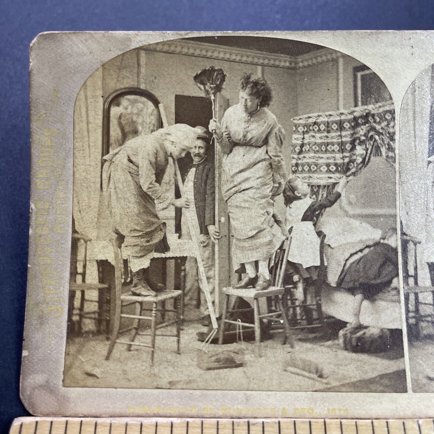 Antique 1870s Women Catch A Rat In A Trap Stereoview Photo Card P3532