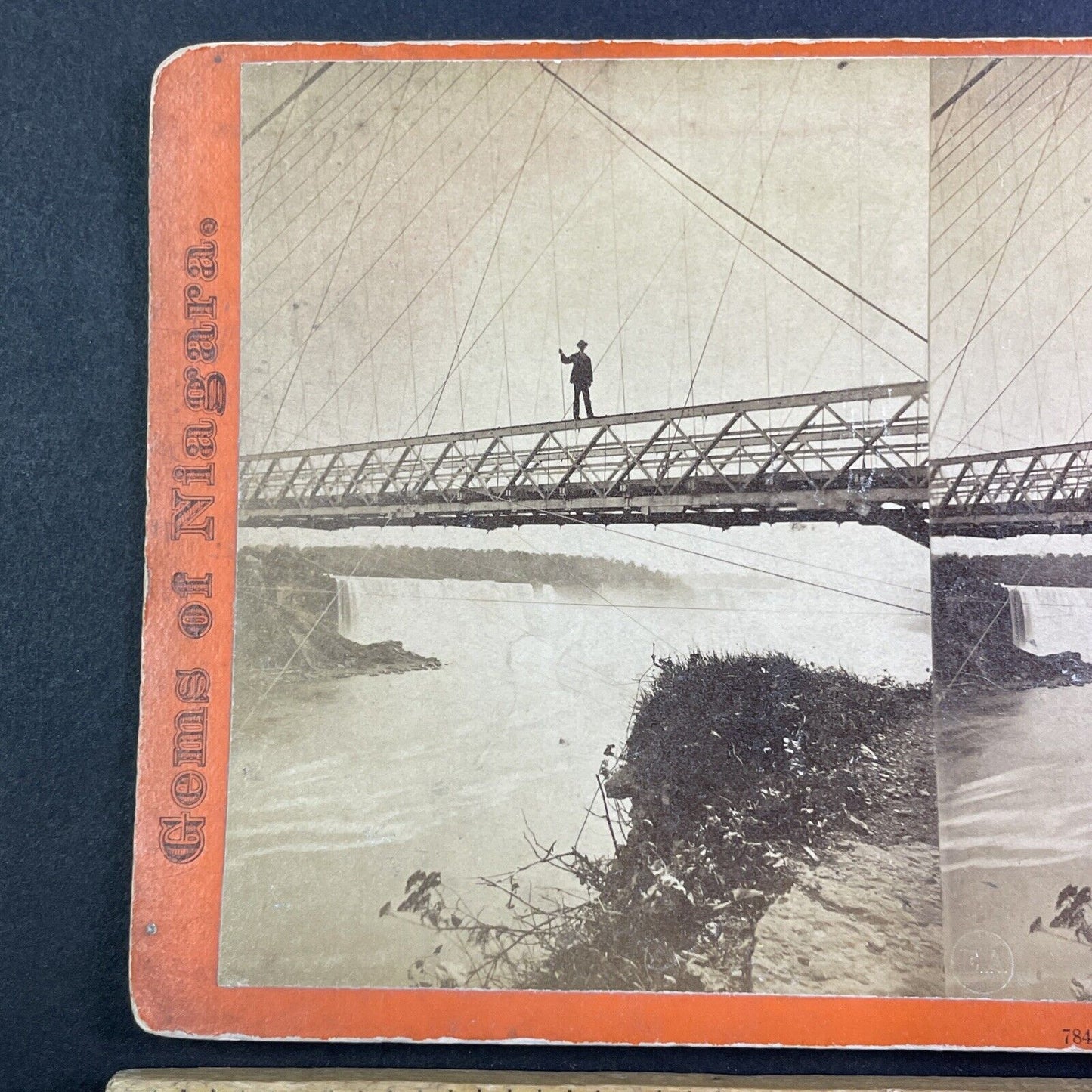 Niagara Falls Daredevil Balancing on Beam Stereoview E & HT Anthony c1870 Y1748