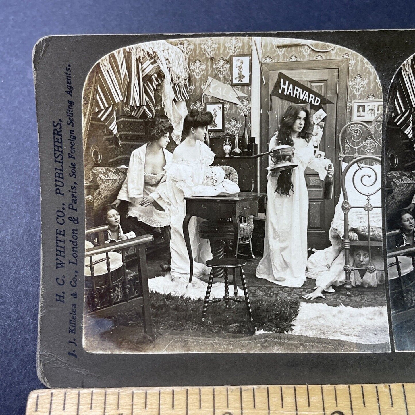 Antique 1902 College Girls Hide From House Madame Stereoview Photo Card P2994