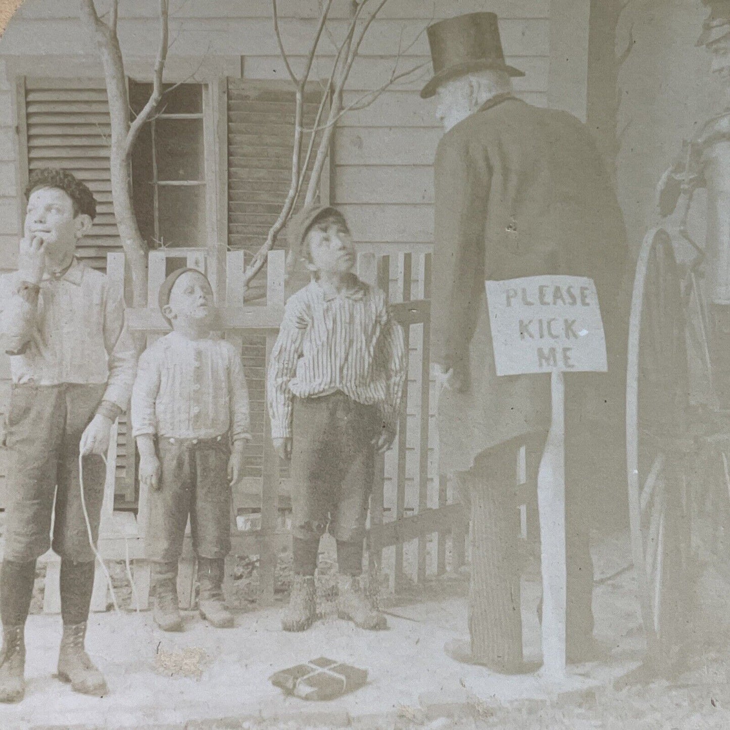 Antique 1860s Boys Put 'Kick Me' Sign On Banker Stereoview Photo Card P3543