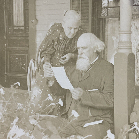 Antique 1896 Old Man & Woman Read A Letter Stereoview Photo Card P4713