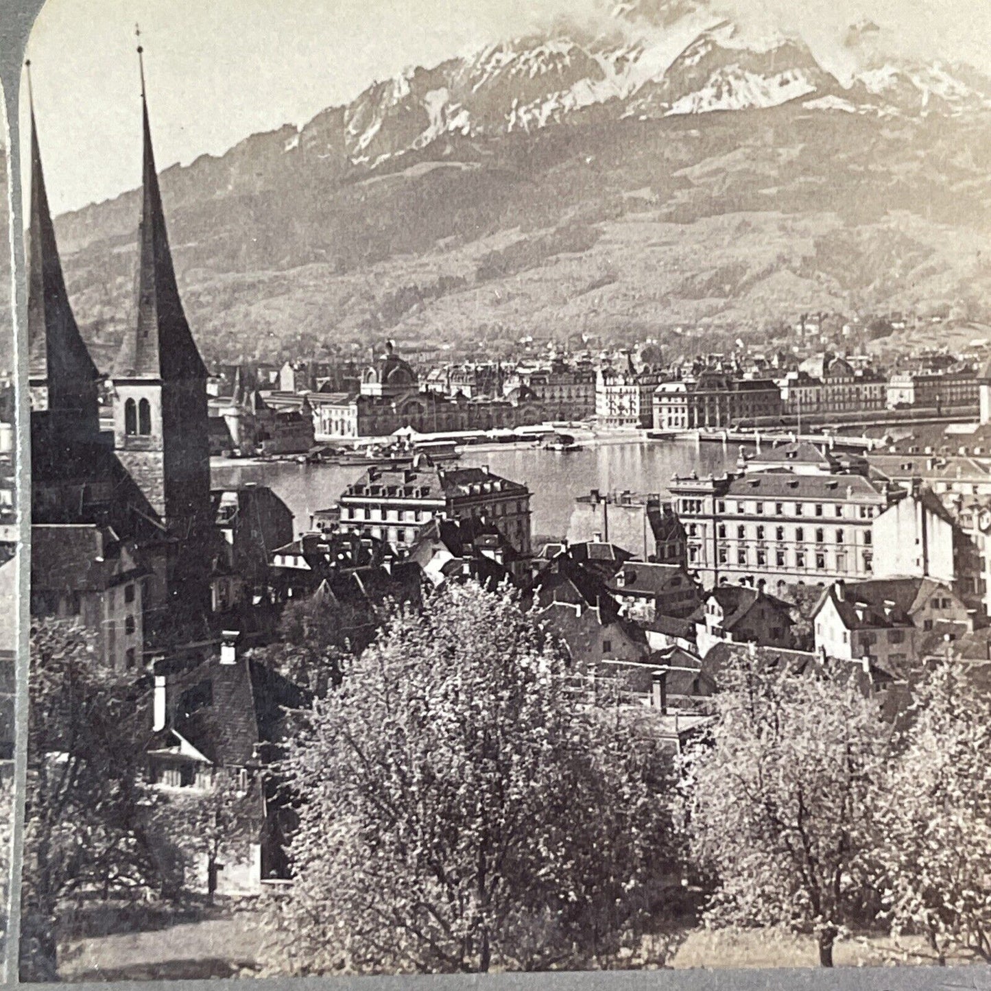 Lucerne Switzerland City View Stereoview Pilatus Mountain Antique c1902 Y495