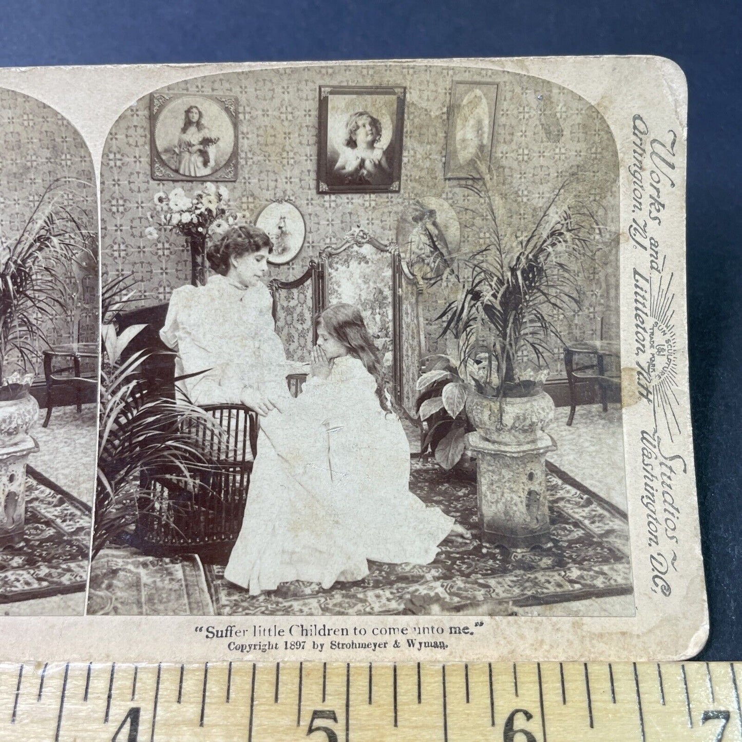 Antique 1897 Child Prays In Front Of Mother Stereoview Photo Card P2999