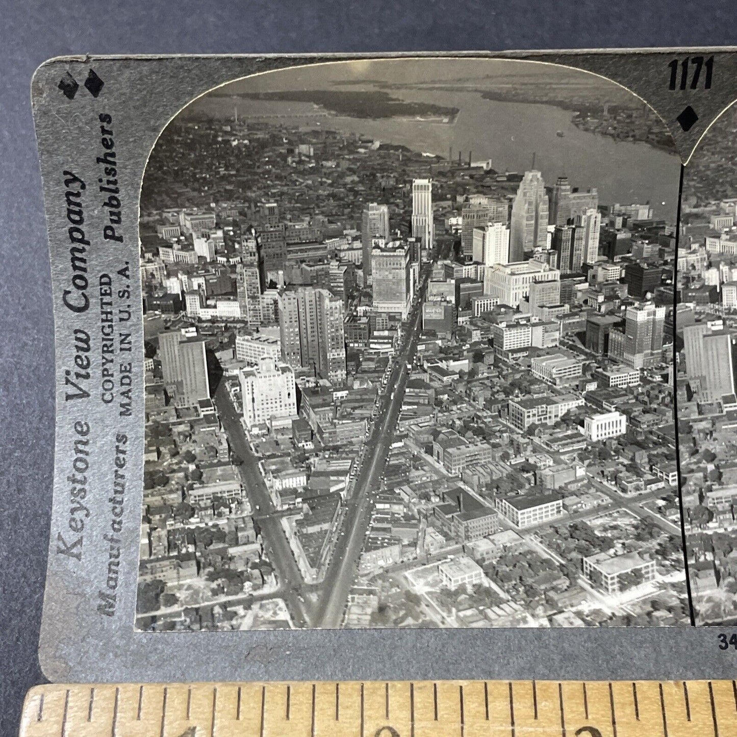 Antique 1920s Detroit Michigan Downtown Aerial View Stereoview Photo Card V2617