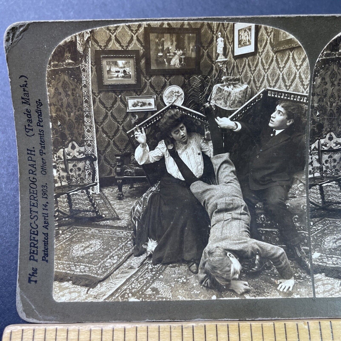 Antique 1903 Boy Falls Off Of Dressing Room Divider  Stereoview Photo Card P2900