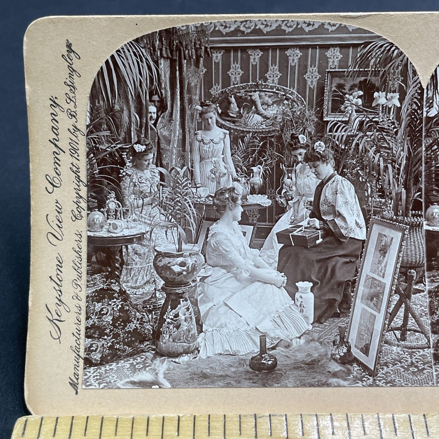 Antique 1901 Wealthy Woman Receives Wedding Presents Stereoview Photo Card P1918