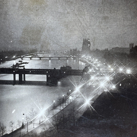 Antique 1909 London Night View Thames River Stereoview Photo Card P1907