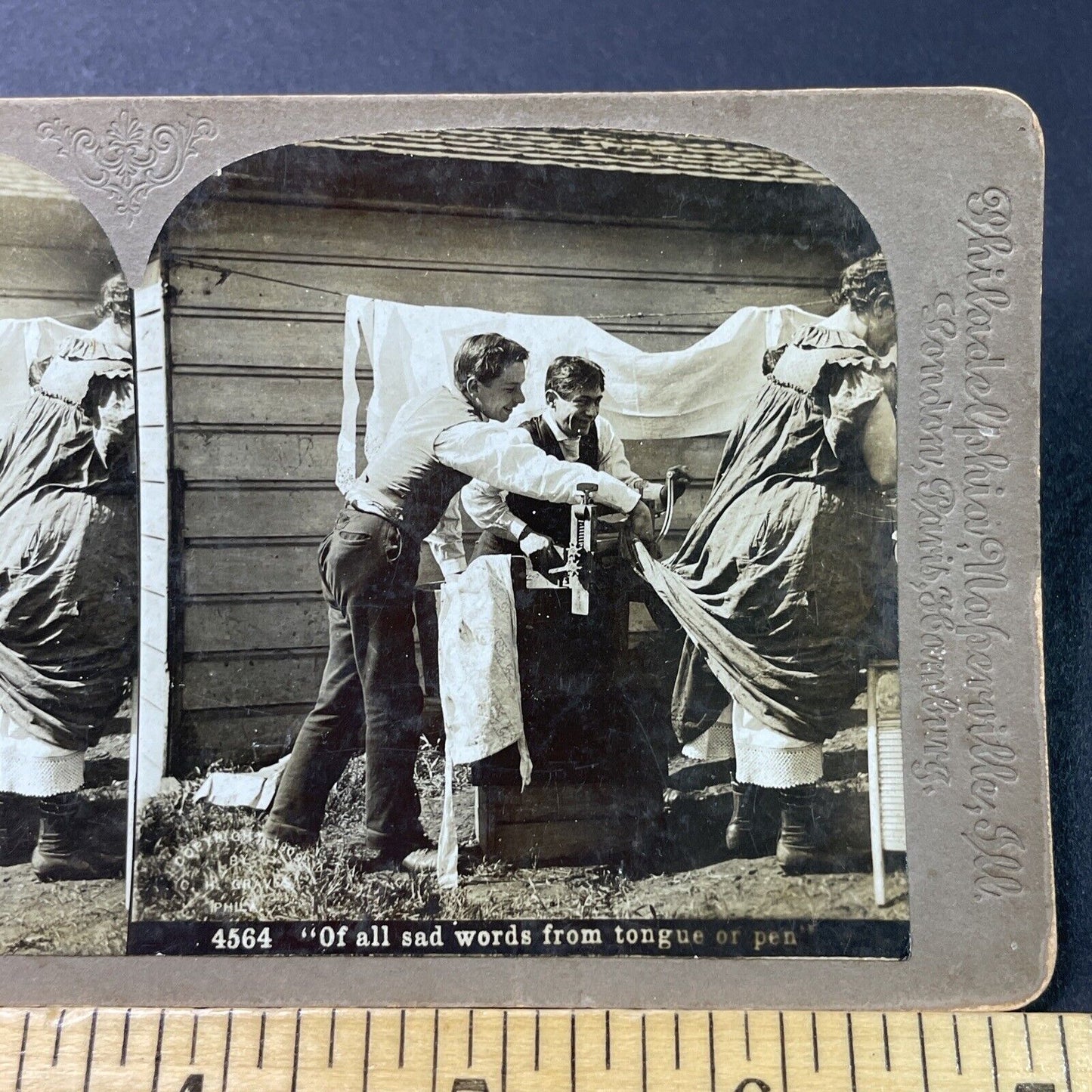 Antique 1901 Womans Dress Stuck In Washing Machine Stereoview Photo Card P2933