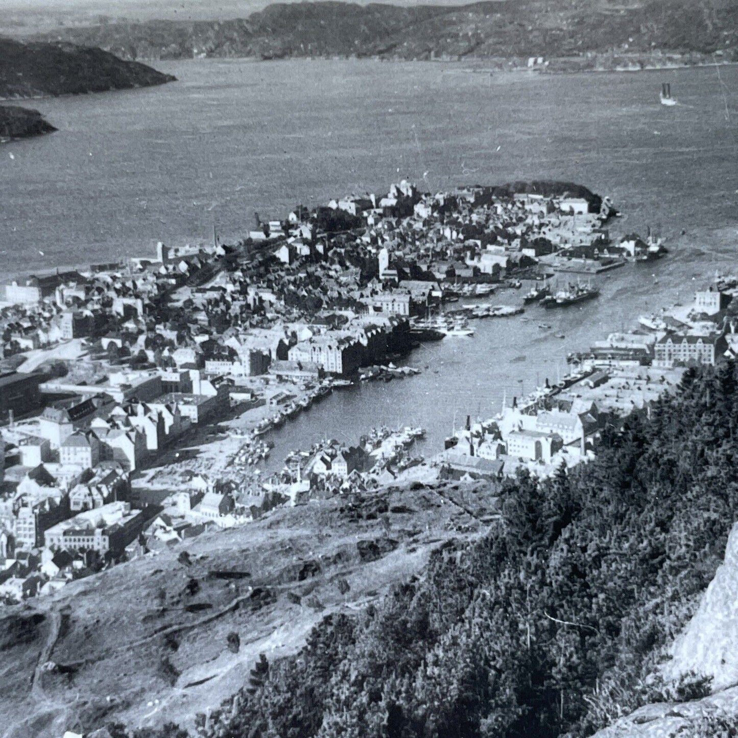 Antique 1920s Bergen Norway City And Port View Stereoview Photo Card V2969