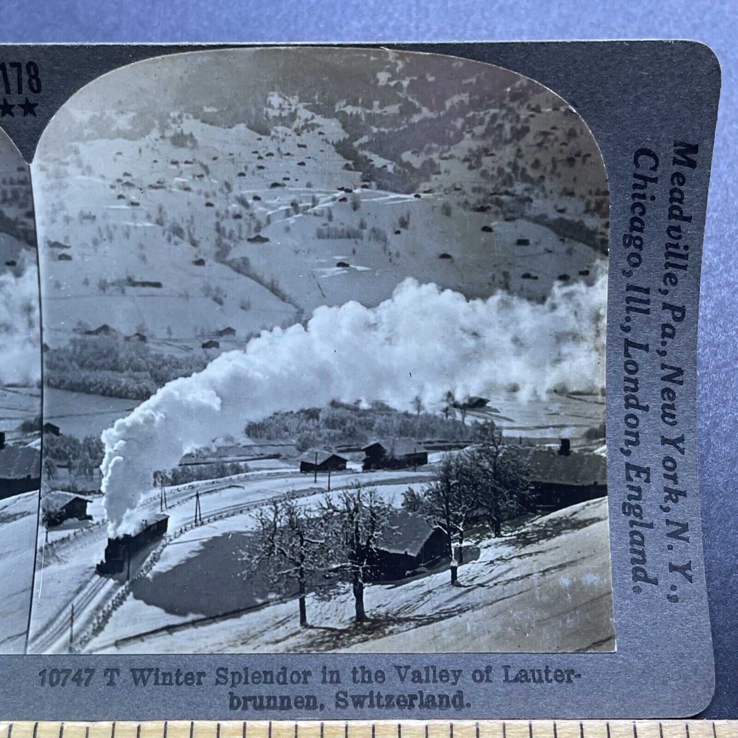 Antique 1909 Steam Train Lauterbrunnen Switzerland Stereoview Photo Card V2870