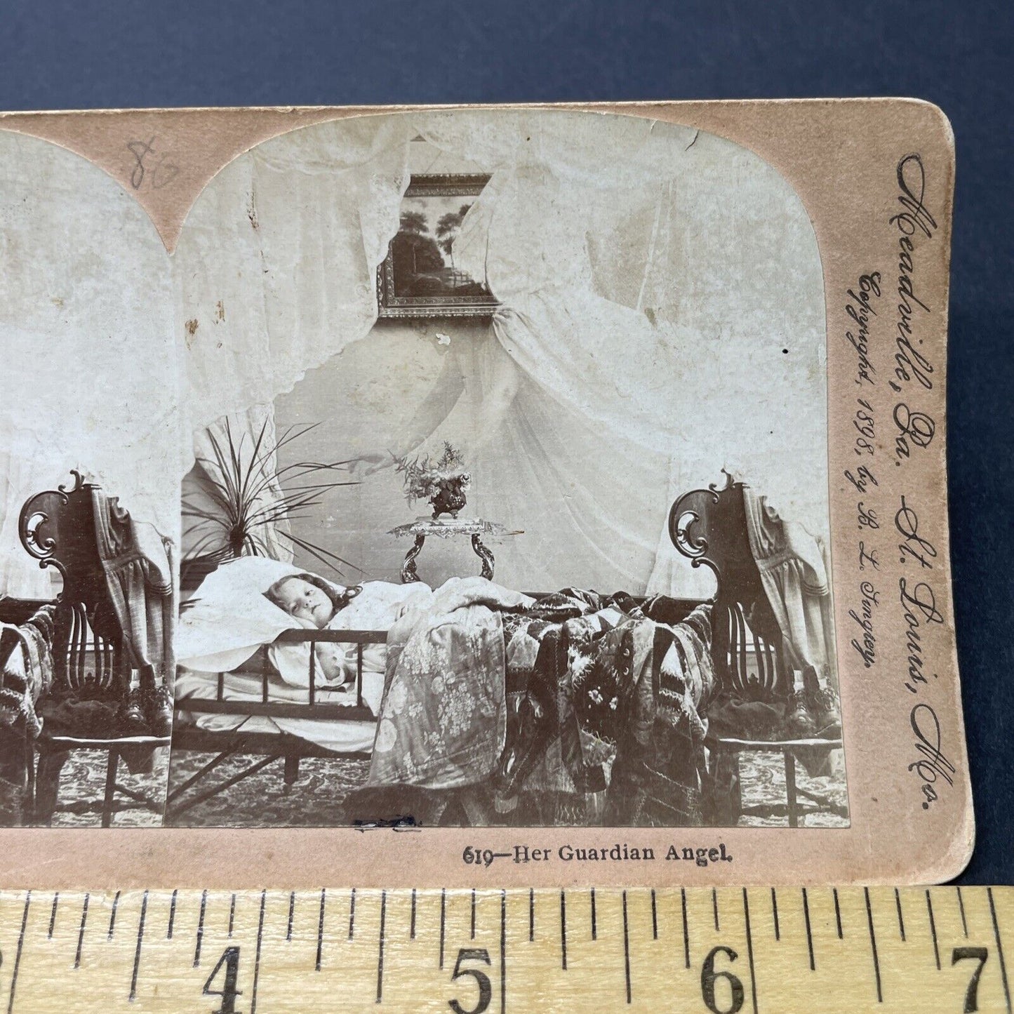 Antique 1898 Angel Hovers Over Sick Child Stereoview Photo Card P2791