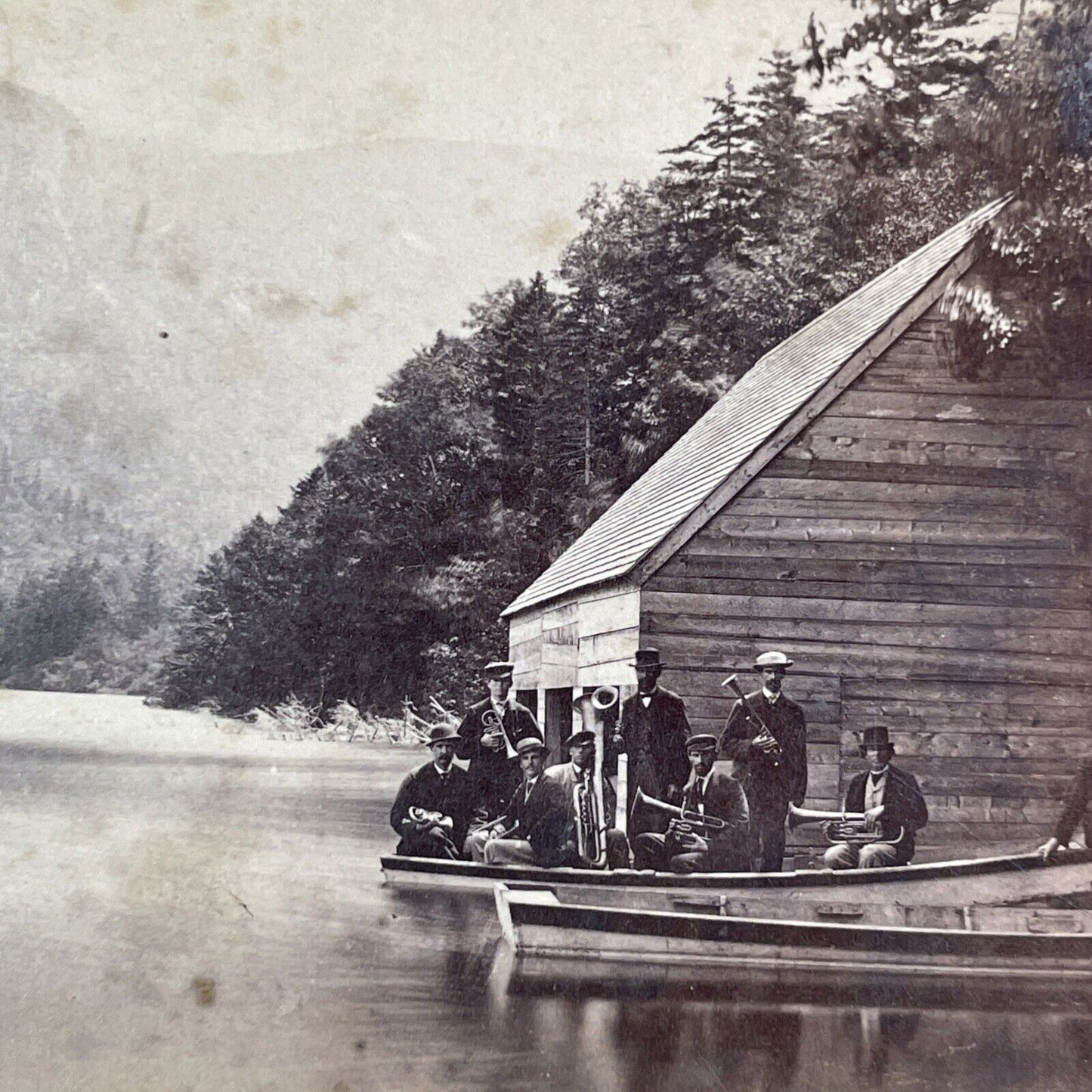 Concert Band on Echo Lake Franconia Notch Stereoview New Hampshire c1870s Y941