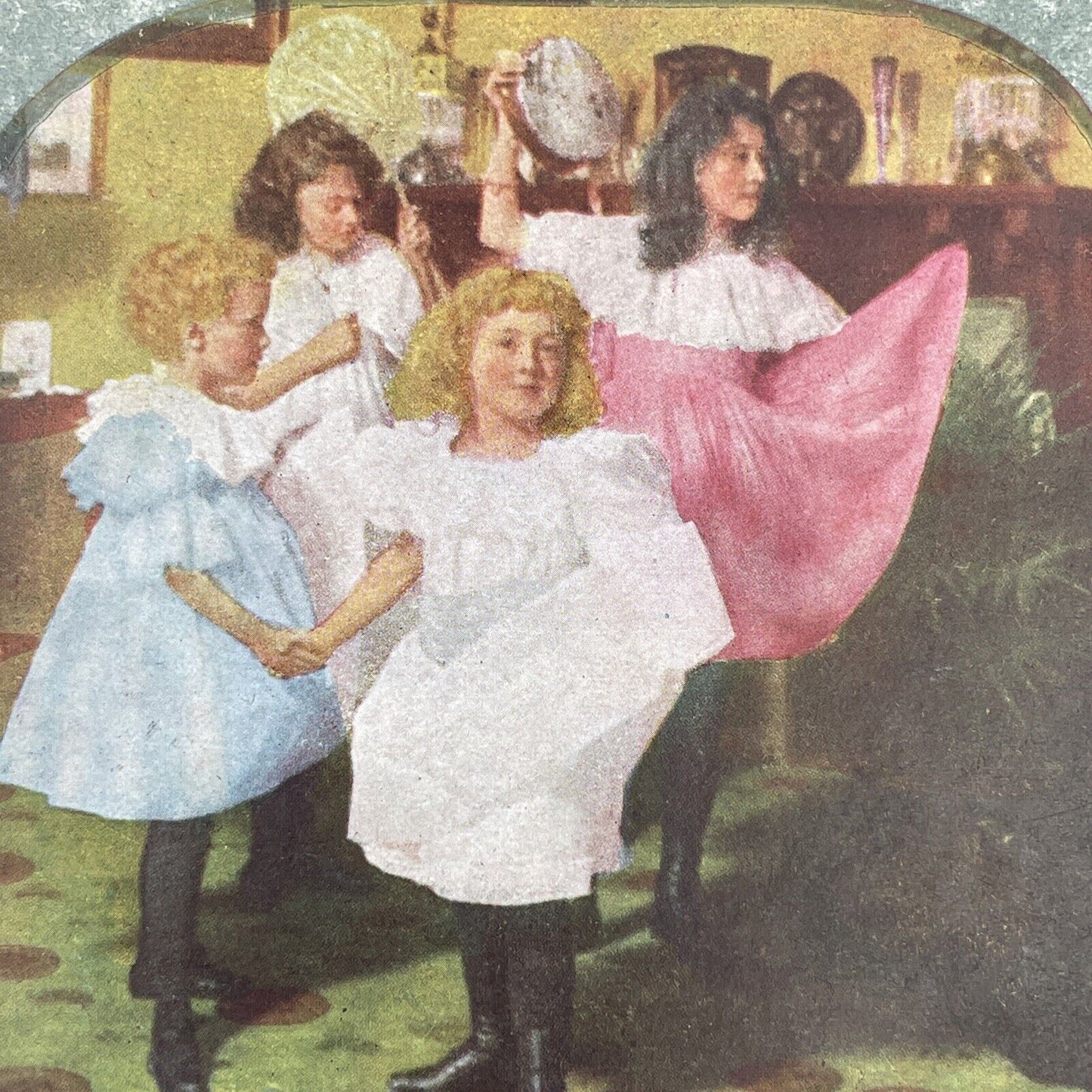 Antique 1898 Young Girls Dancing In Parlor Stereoview Photo Card P580-001