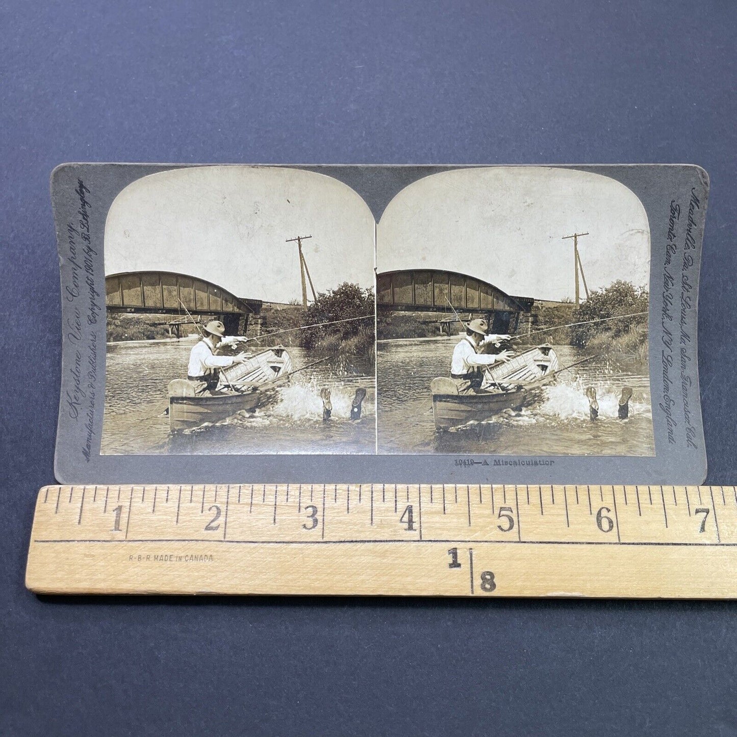 Antique 1901 Man Falls Off Of Fishing Boat Stereoview Photo Card P2668