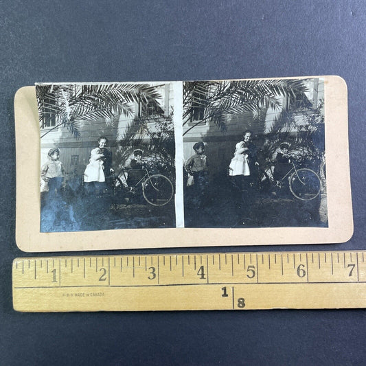 Children Receive New Bicycle Florida Stereoview Celluloid Antique c1905 Y165