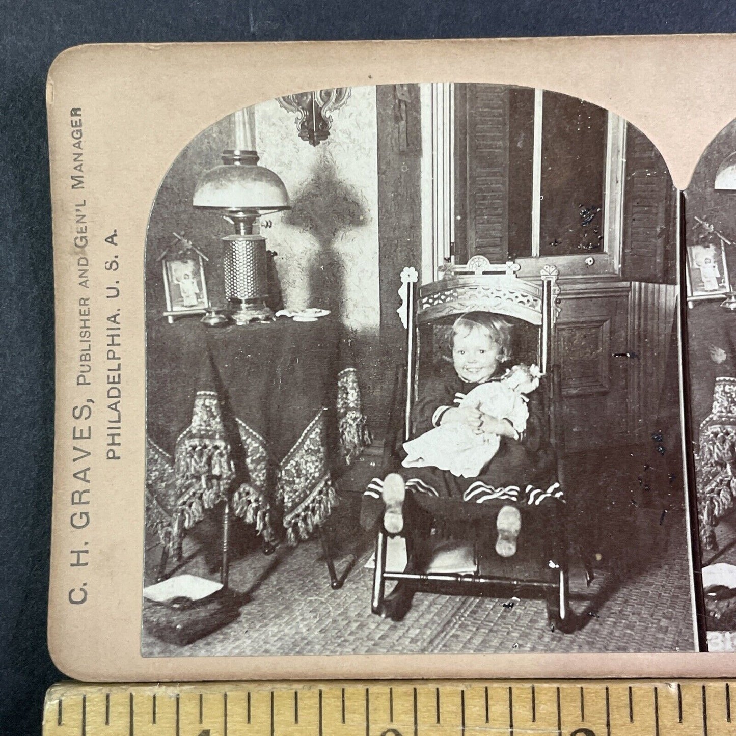 Little Girl With Porcelain Doll Stereoview CH Graves Antique c1898 X3515