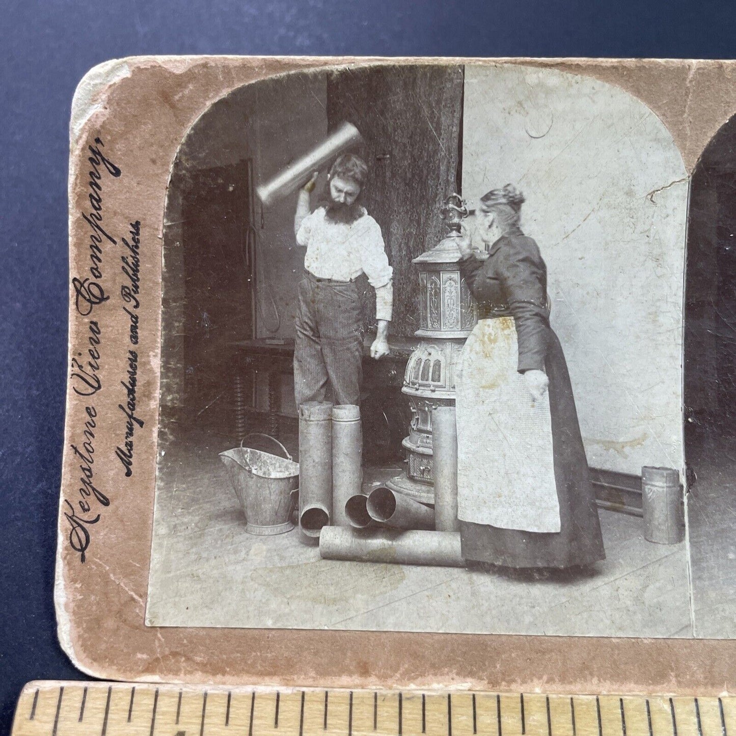 Antique 1892 Man Smashes Stove Pipes Broken Fireplace Stereoview Photo Card 3977