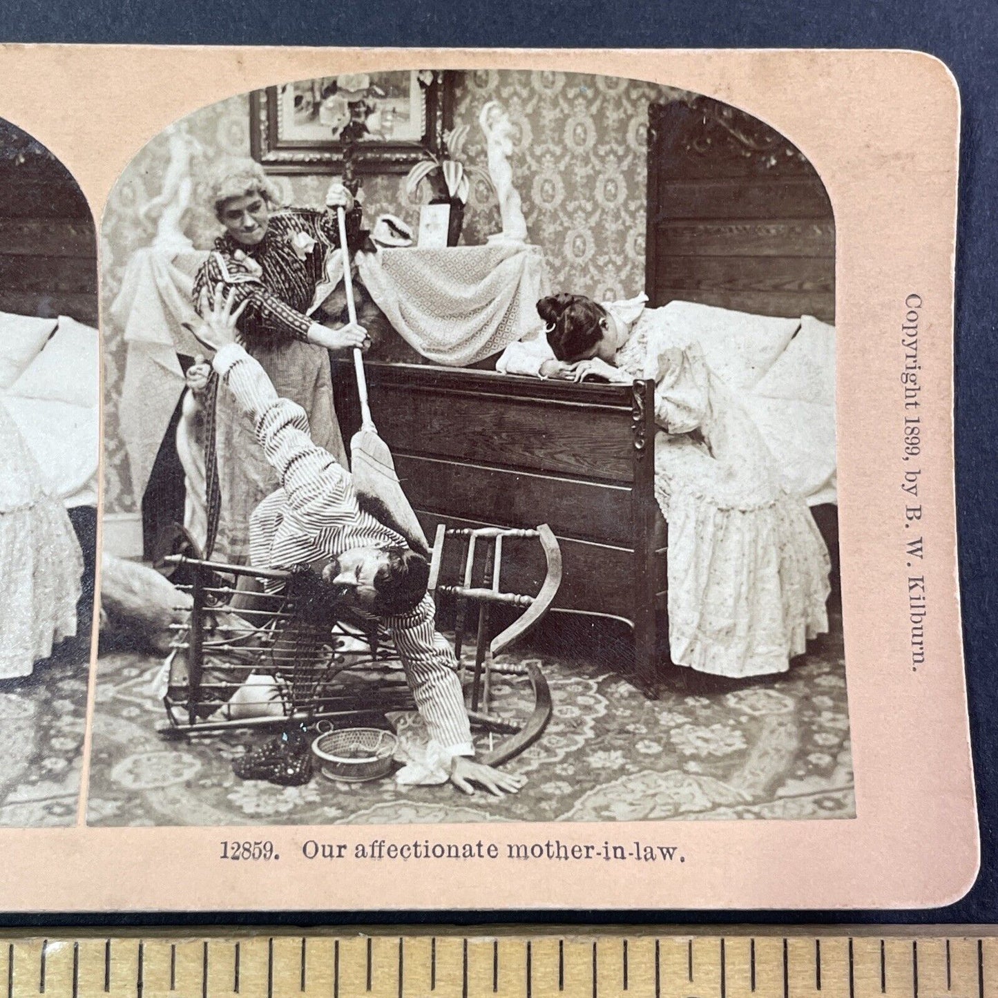 Older Woman Beats Man with a Broom Stereoview Antique c1899 Y1805