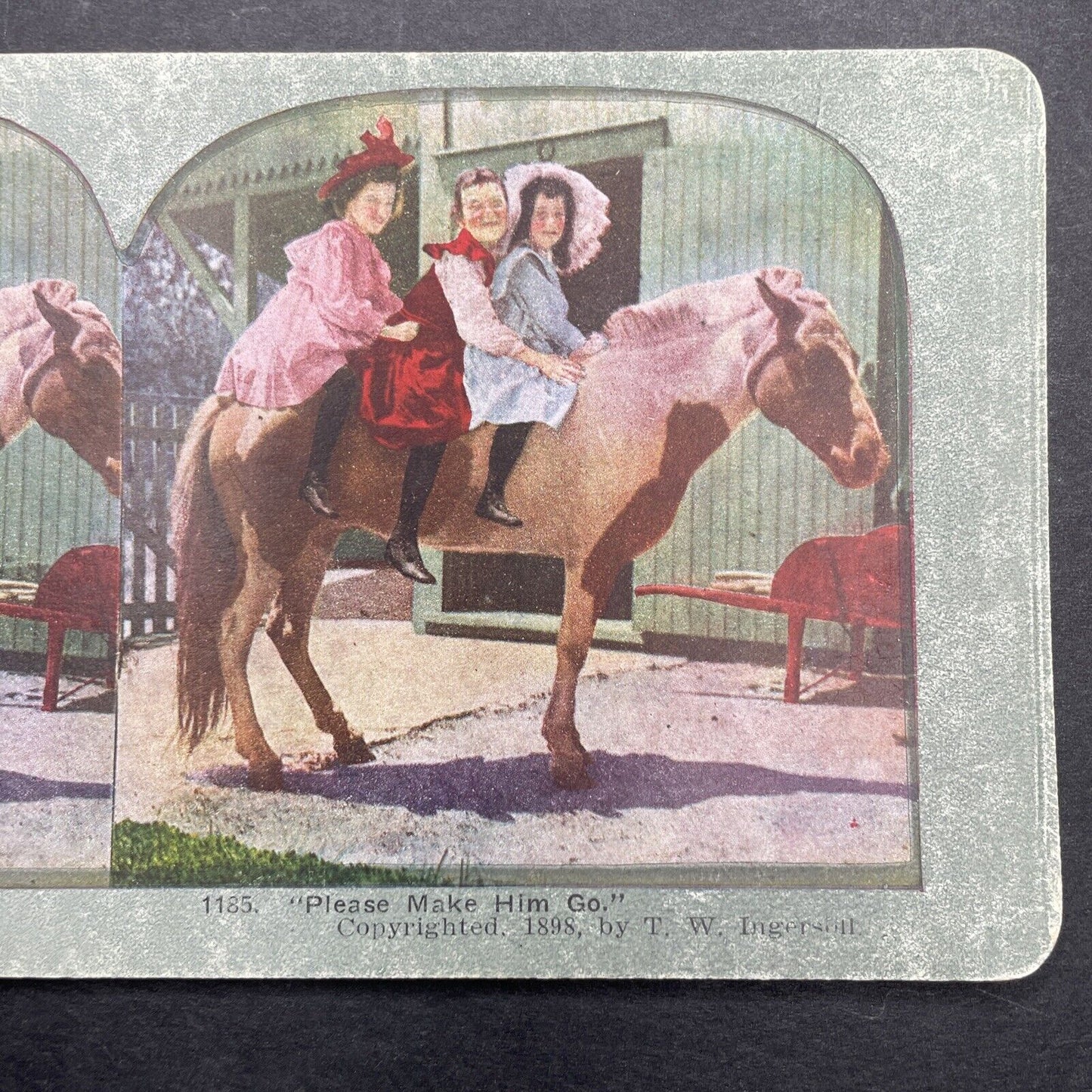 Antique 1898 Three Young Girls Ride A Horse Stereoview Photo Card P580-019