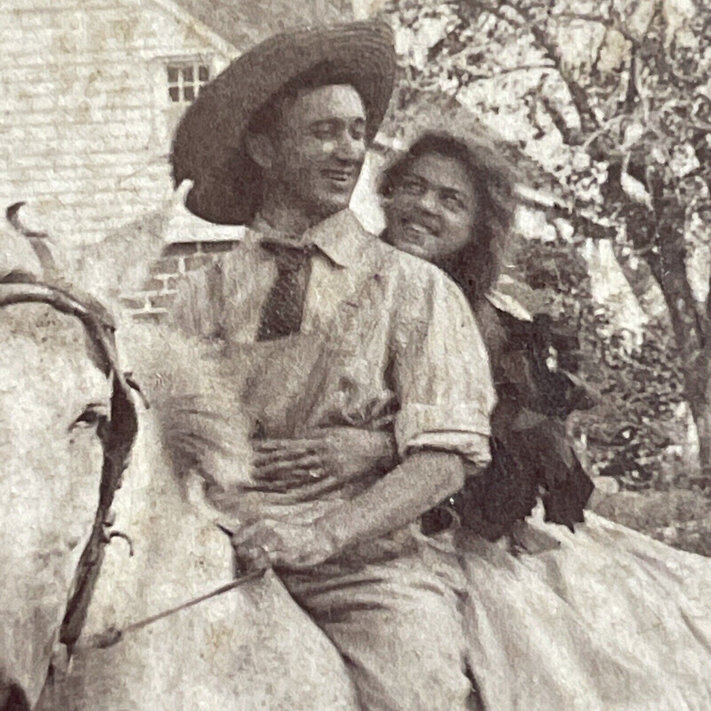 Antique 1907 Cowboy Helps Woman After Car Accident Stereoview Photo Card P4666