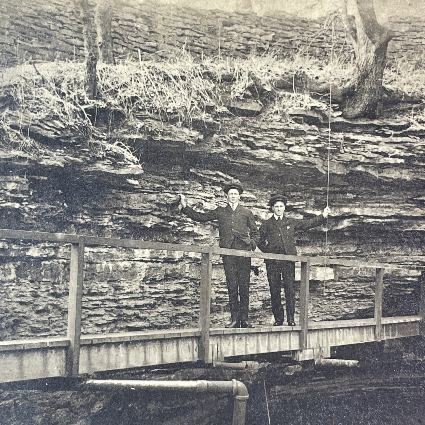 Men Standing in Watkins Glen Gorge Stereoview New York Antique c1890 X3893