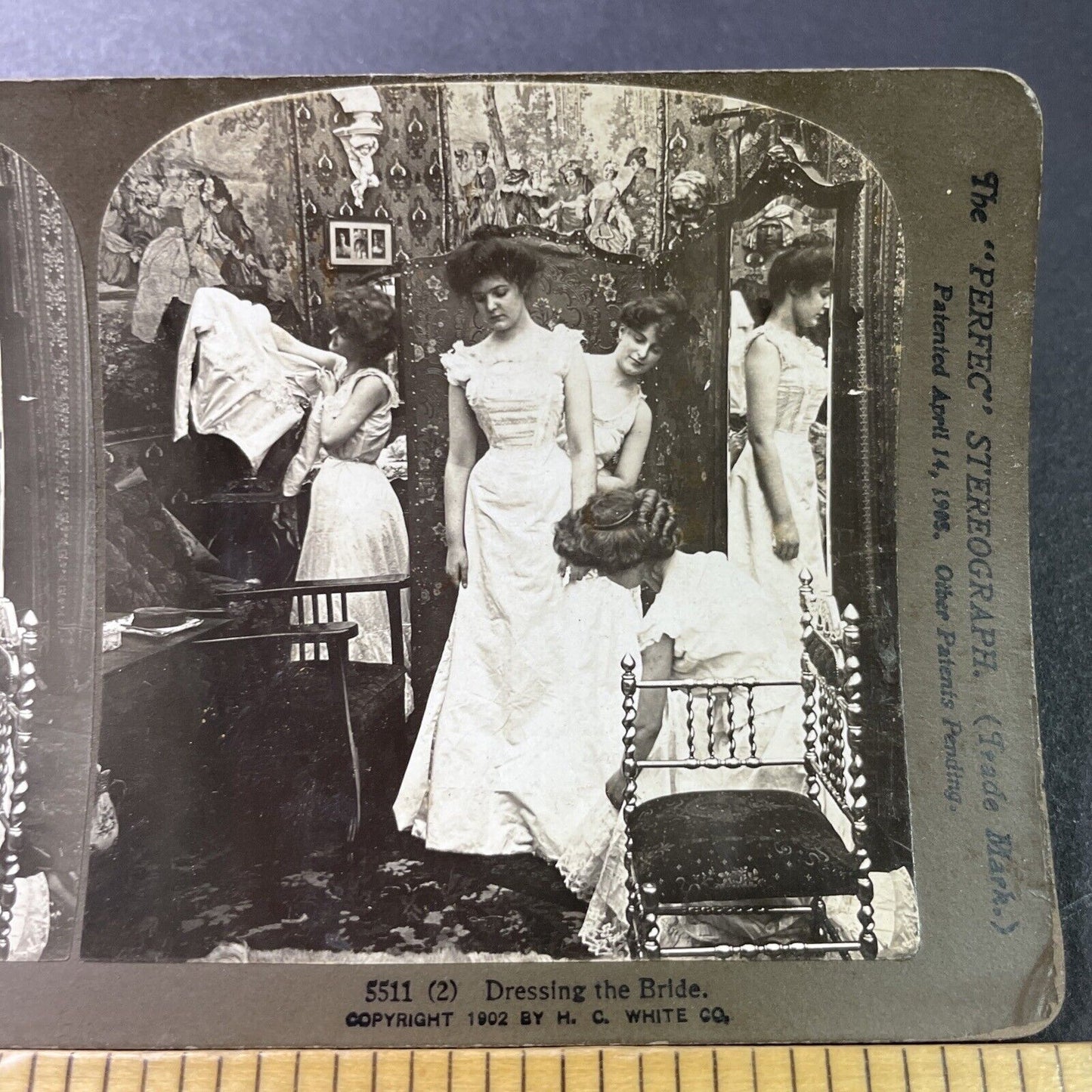 Antique 1902 Bride & Bridesmaids Getting Dressed Stereoview Photo Card P3389