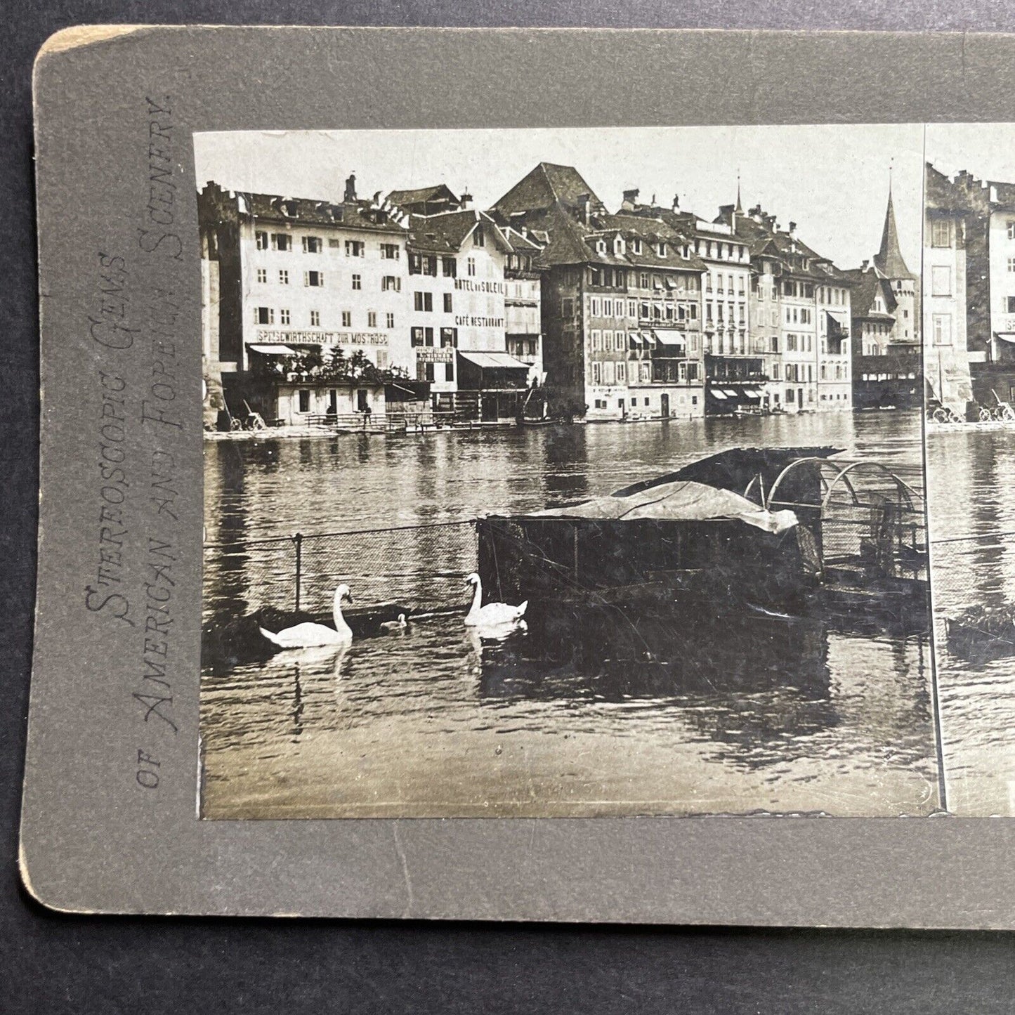 Antique 1899 Houses In Lake Lucerne Switzerland Stereoview Photo Card P1320