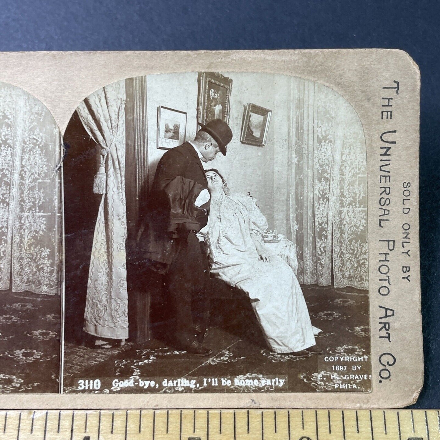 Antique 1897 Business Man Kisses Wife Goodbye Stereoview Photo Card P2978