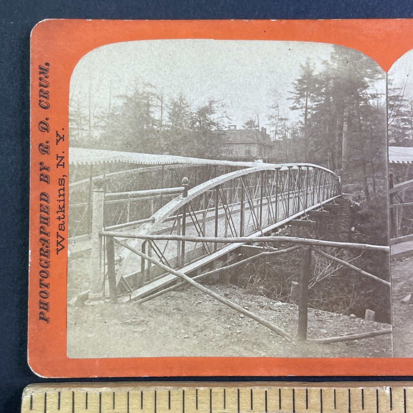 First Suspension Bridge Watkins Glen New York Stereoview R.D. Crum c1870 Y1203