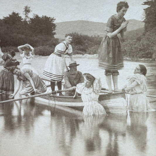 Antique 1893 Vixens Seduce Man In Boat Littleton NH Stereoview Photo Card P2385