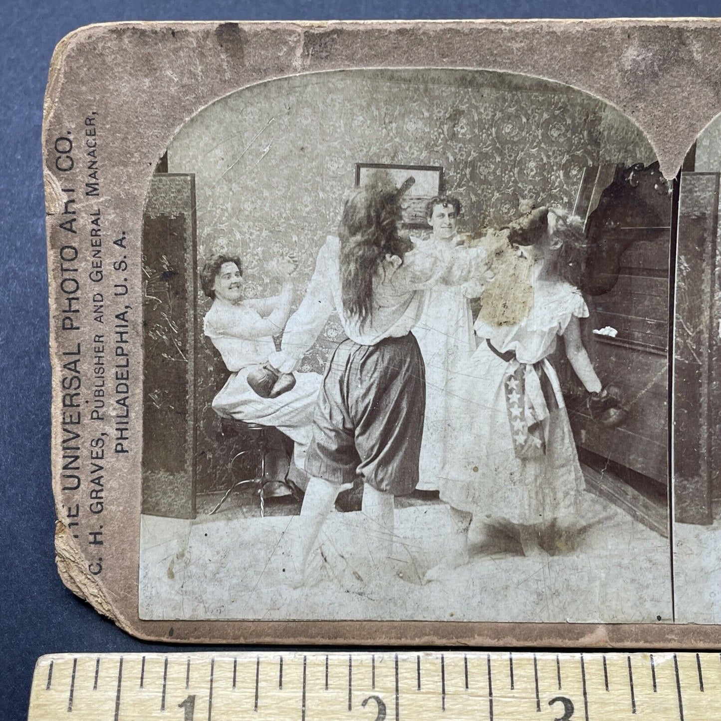 Antique 1890s Women In Underwear Have Boxing Match Stereoview Photo Card P2571