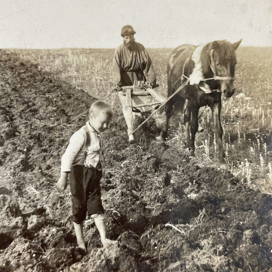 Antique 1920s Farmer Ploughs Field In Ukraine/Russia Stereoview Photo Card P3618