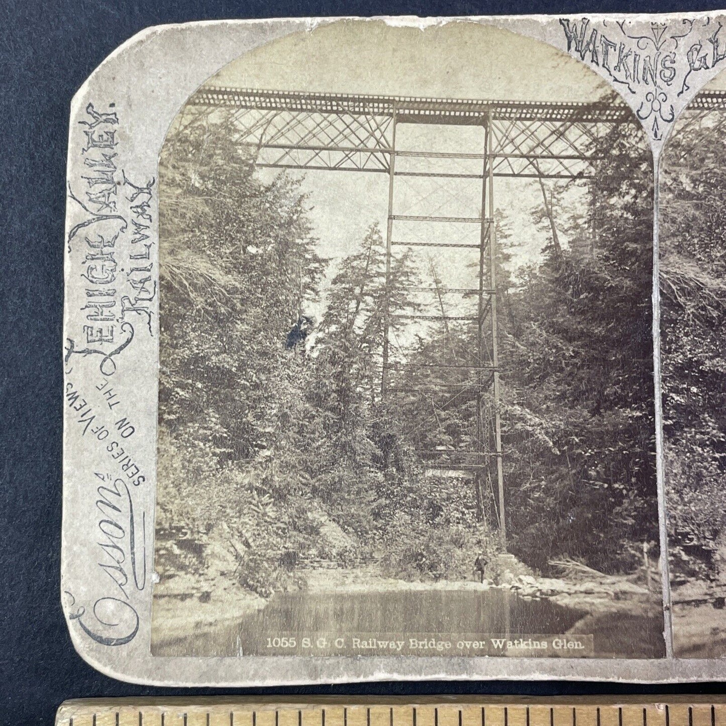 Watkins Glen Railroad Bridge Stereoview James Esson Antique c1875 Y1772