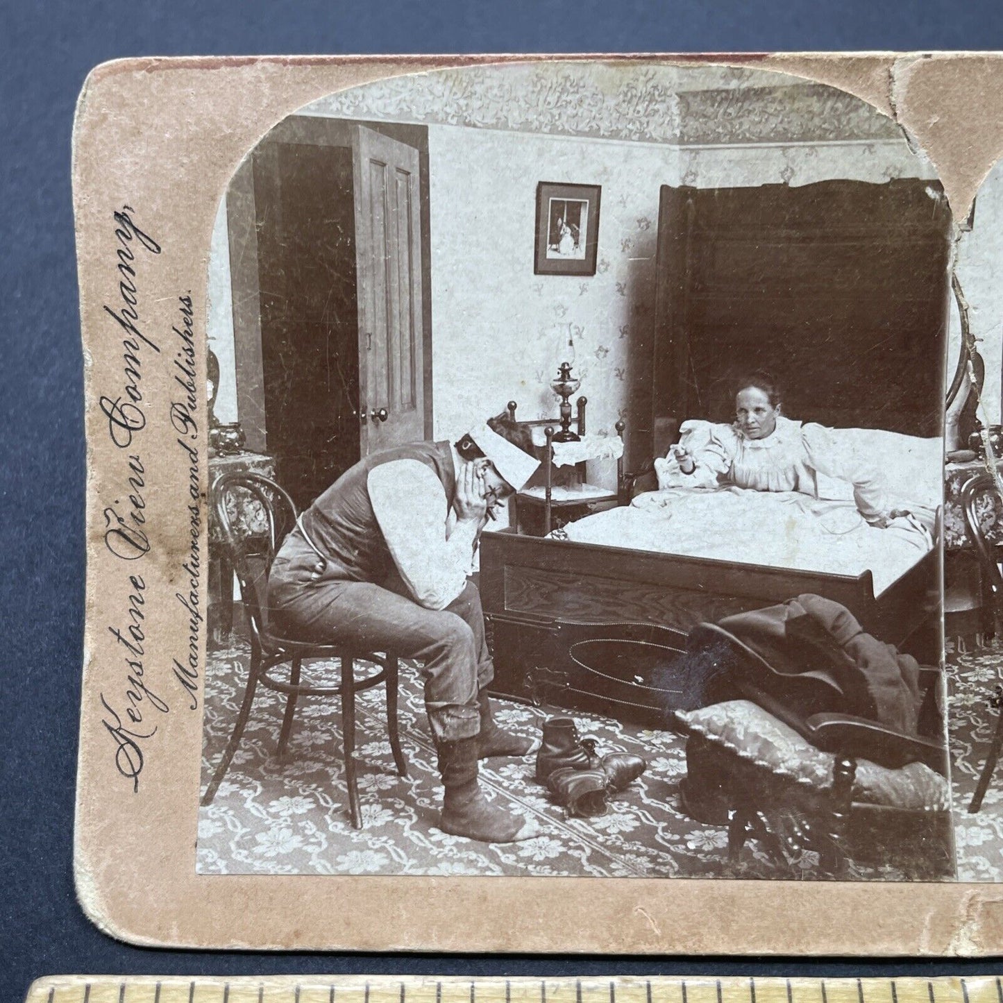 Antique 1901 Woman Yells At Hungover Man CREASED Stereoview Photo Card P2555