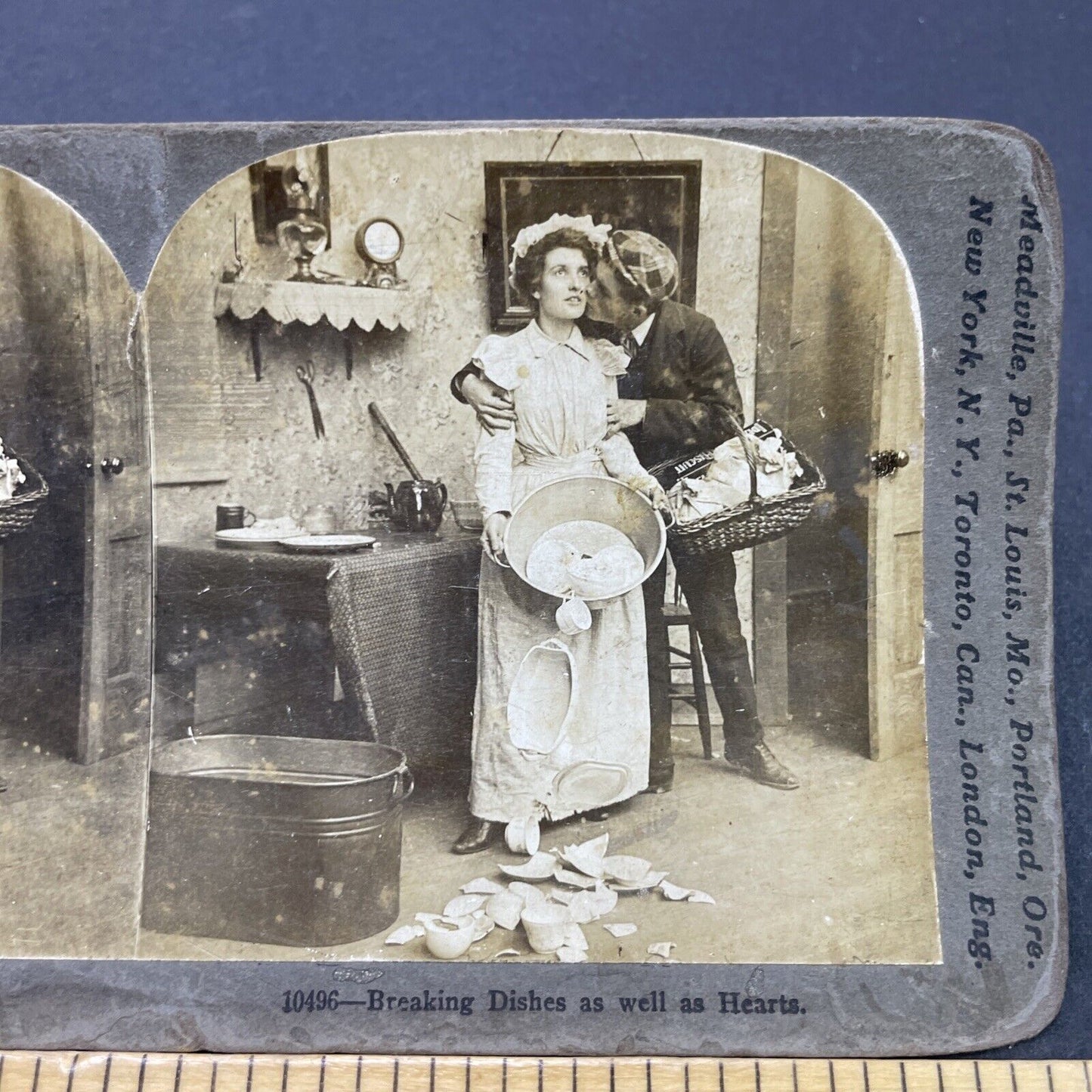 Antique 1901 Woman Breaks Dishes During Kiss Stereoview Photo Card P2684