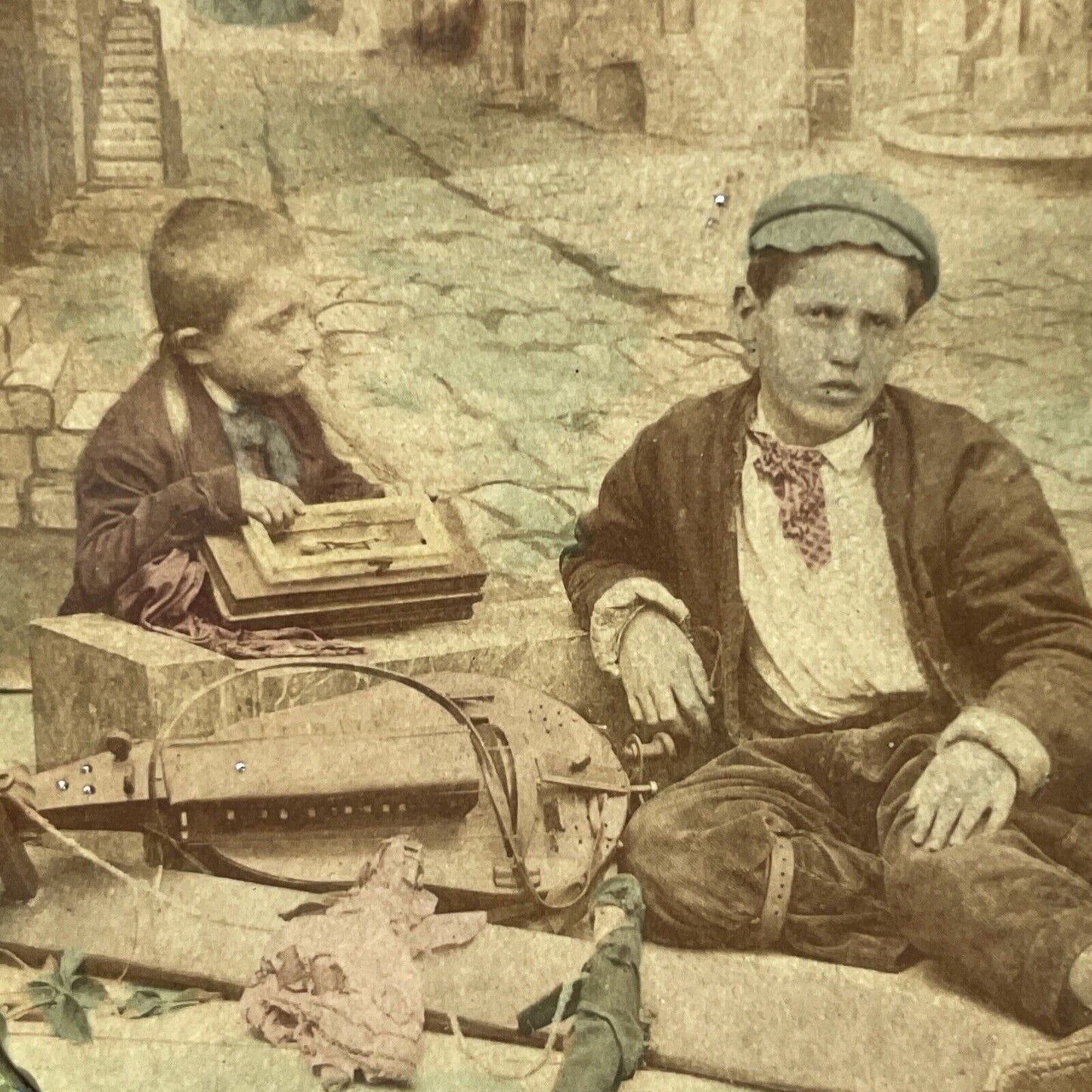 Boys Break A Hand Crank Guitar Stereoview French Tissue Antique c1860s XT2101