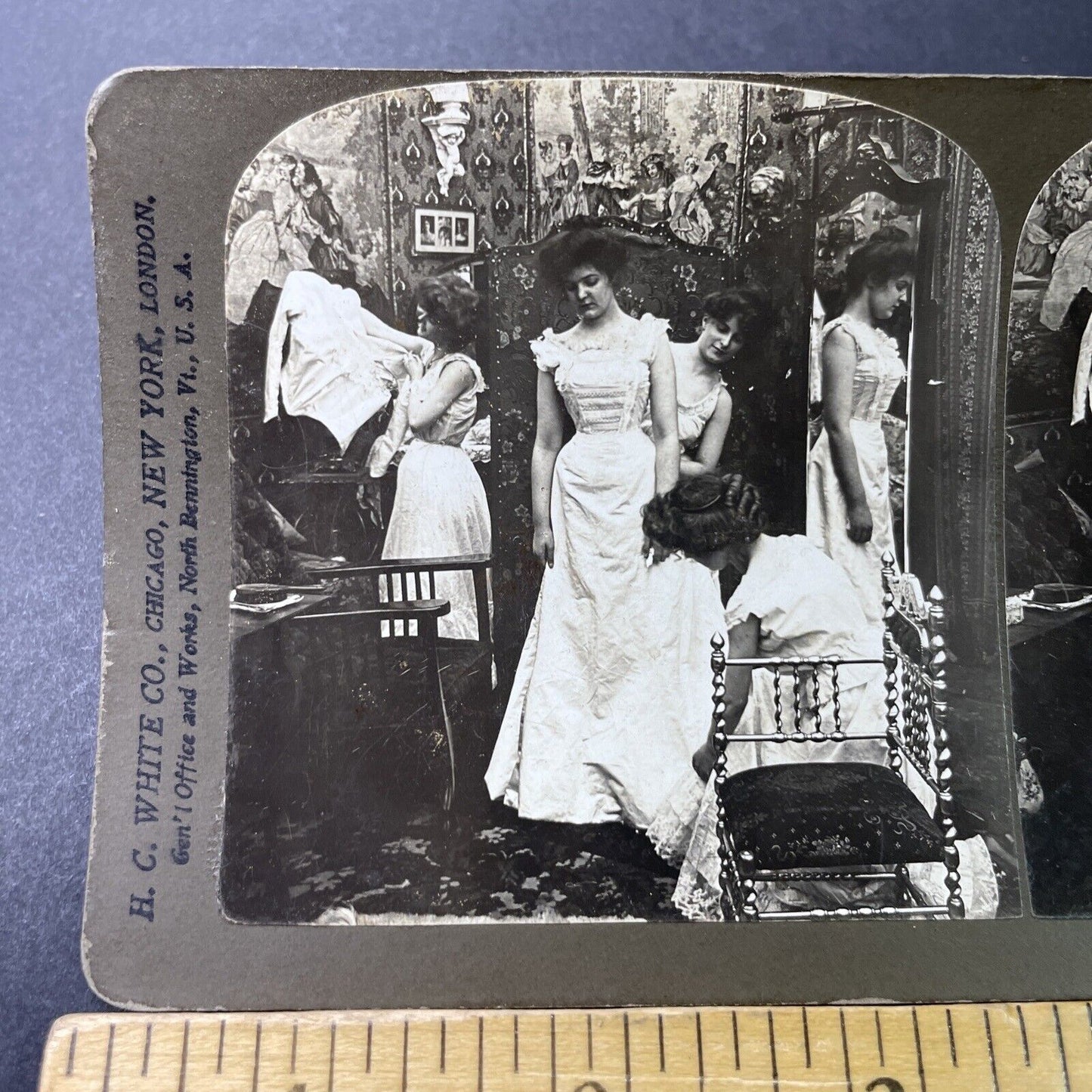 Antique 1902 Bride & Bridesmaids Getting Dressed Stereoview Photo Card P3389