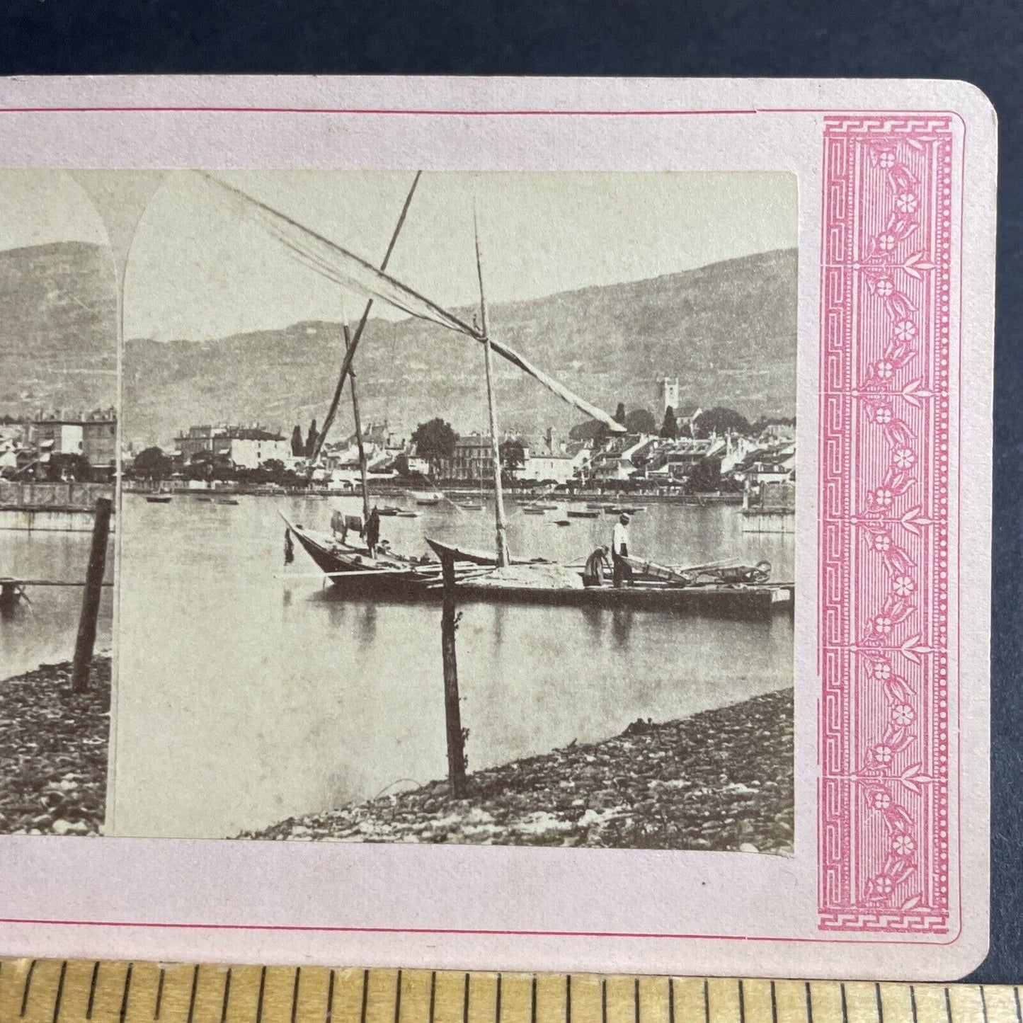 Antique 1870s Aix-les-Bains Port Boats France Stereoview Photo Card P4229