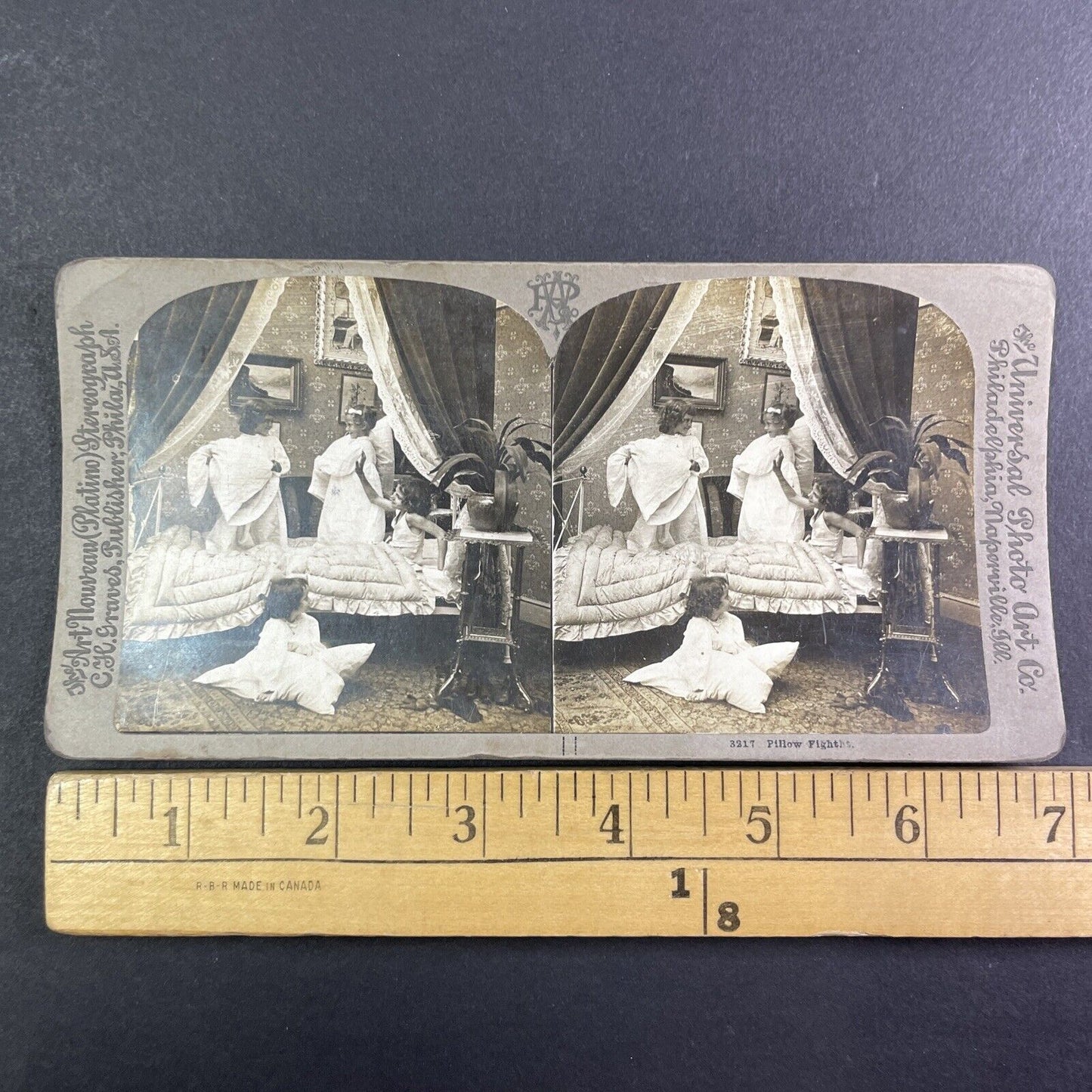 Children Have a Pillow Fight in Bedroom Stereoview Antique c1890s Y1348