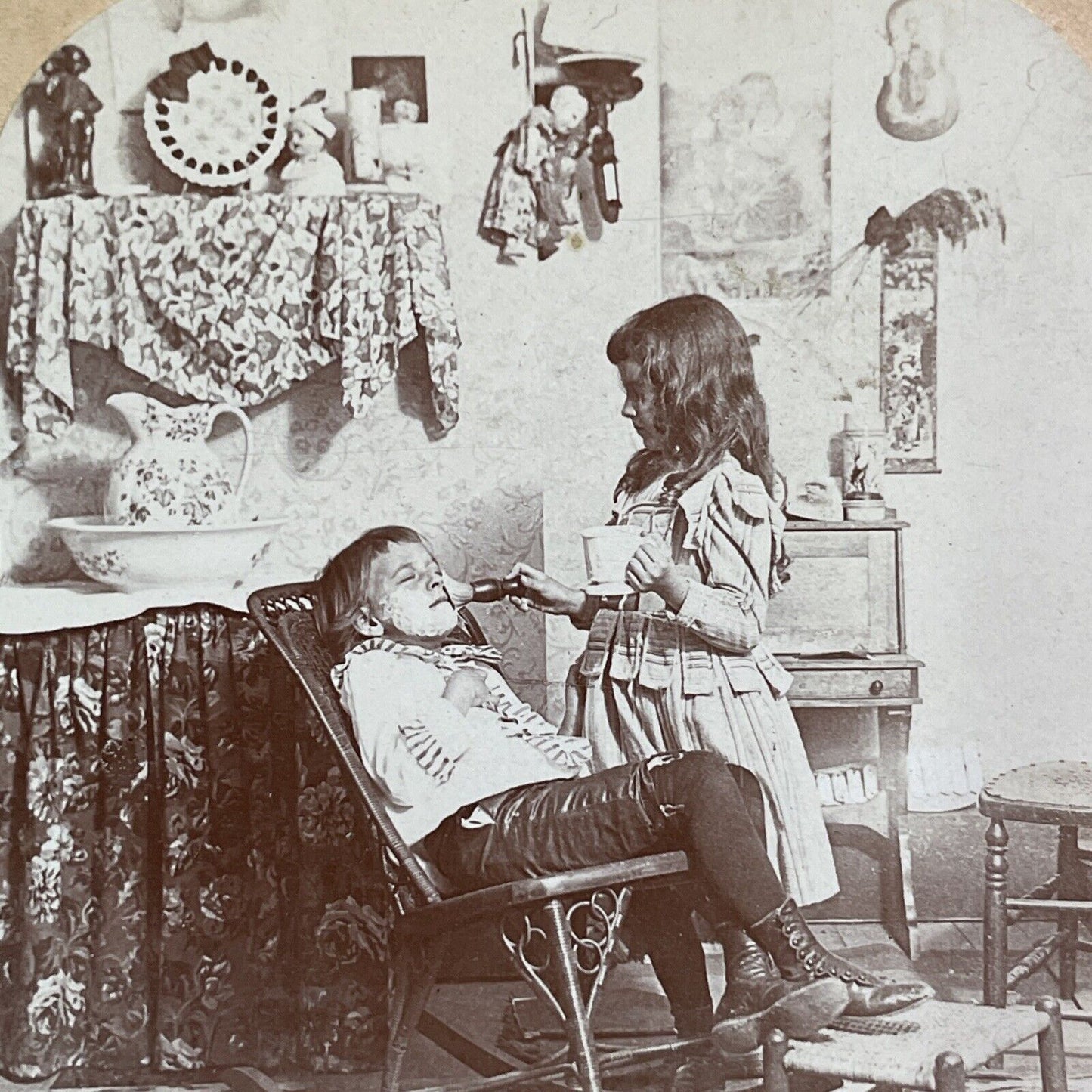 Little Girl Shaving a Little Boy Stereoview B.L. Singley Antique c1895 Y1370