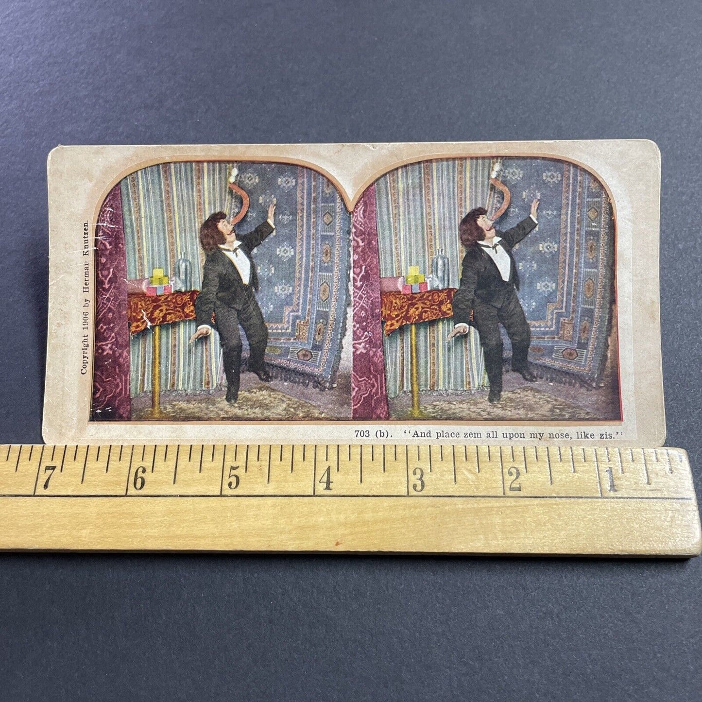 Antique 1906 Circus Magician Balancing A Sausage Stereoview Photo Card Q2260