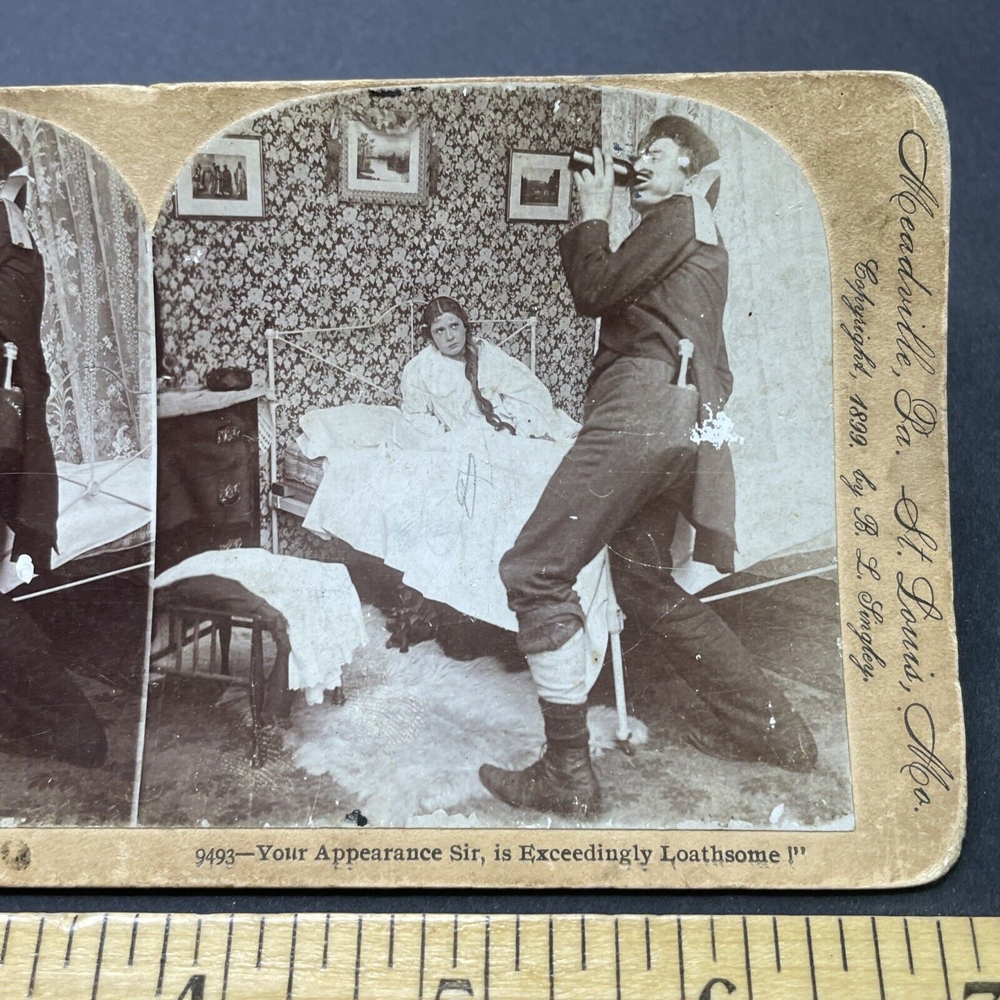 Antique 1899 Man Gets Drunk In Front Of Wife Stereoview Photo Card P2553