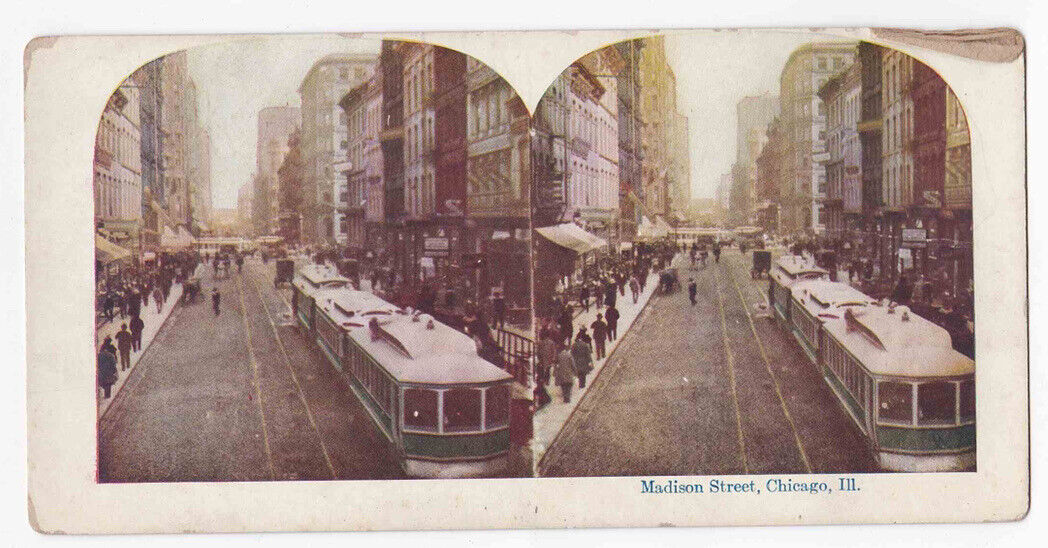 Antique 1905 Street Cars On Madison Street Chicago Illinois Stereo Card P305