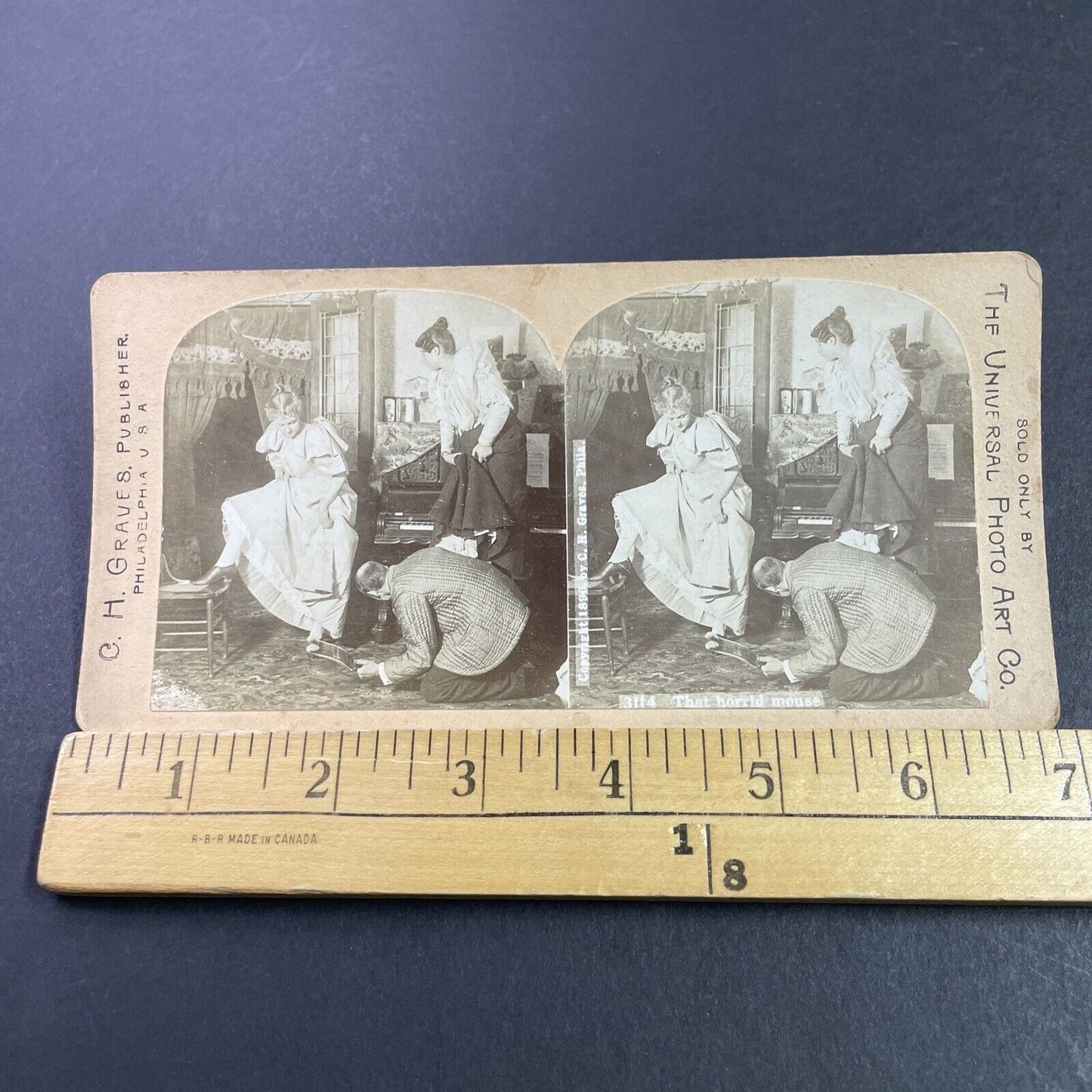 Antique 1896 Women Hide From Mouse In Piano Room Stereoview Photo Card P3466