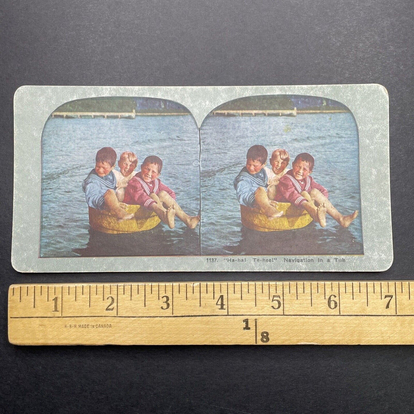 Antique 1898 Boys In A Wash Bucket Boat Stereoview Photo Card P580-040