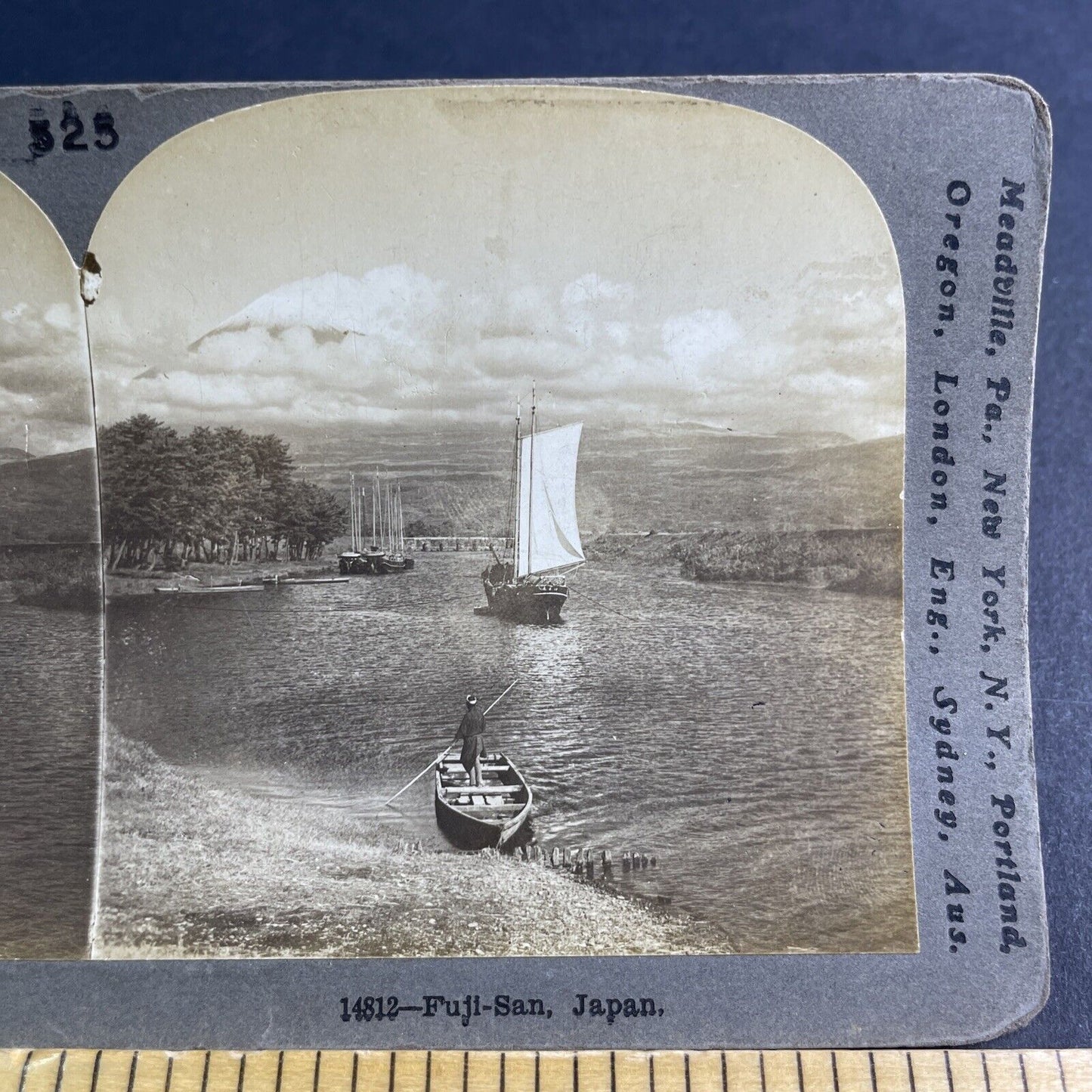 Antique 1905 Fishing Boats Fujiyama Japan Stereoview Photo Card P2135